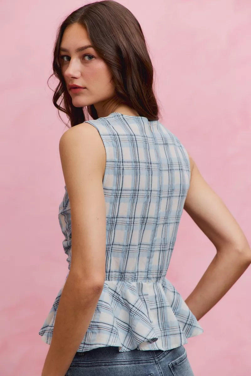 SO ME Plaid Sleeveless Ruffle Peplum Top