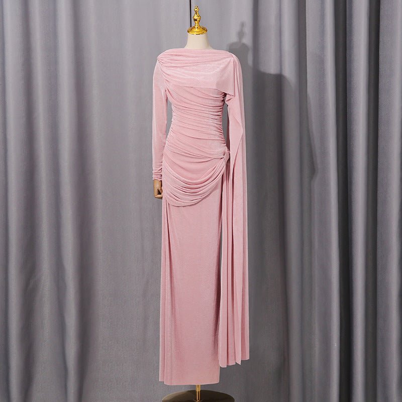 Diagonal Ruched Cape Gown | Asymmetric Draped Long Sleeve Maxi Dress(MS222)