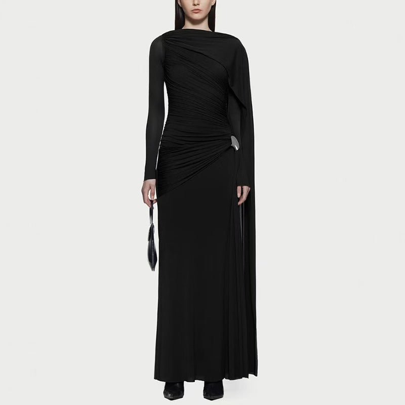 Diagonal Ruched Cape Gown | Asymmetric Draped Long Sleeve Maxi Dress(MS222)