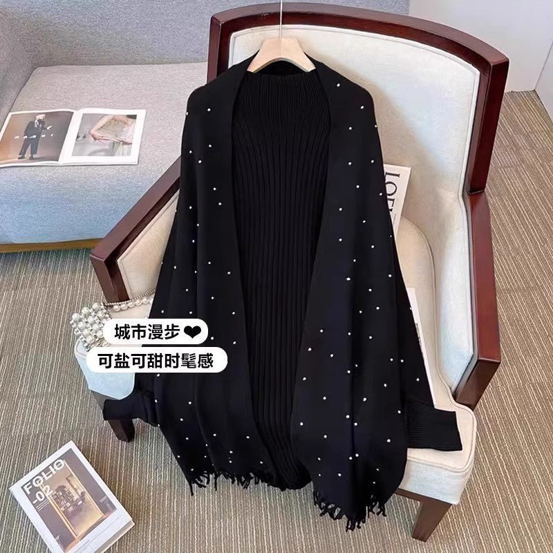 Diamond Embellished Cape Cardigan | Fringe Trim Knit Shawl Sweater(MS211)