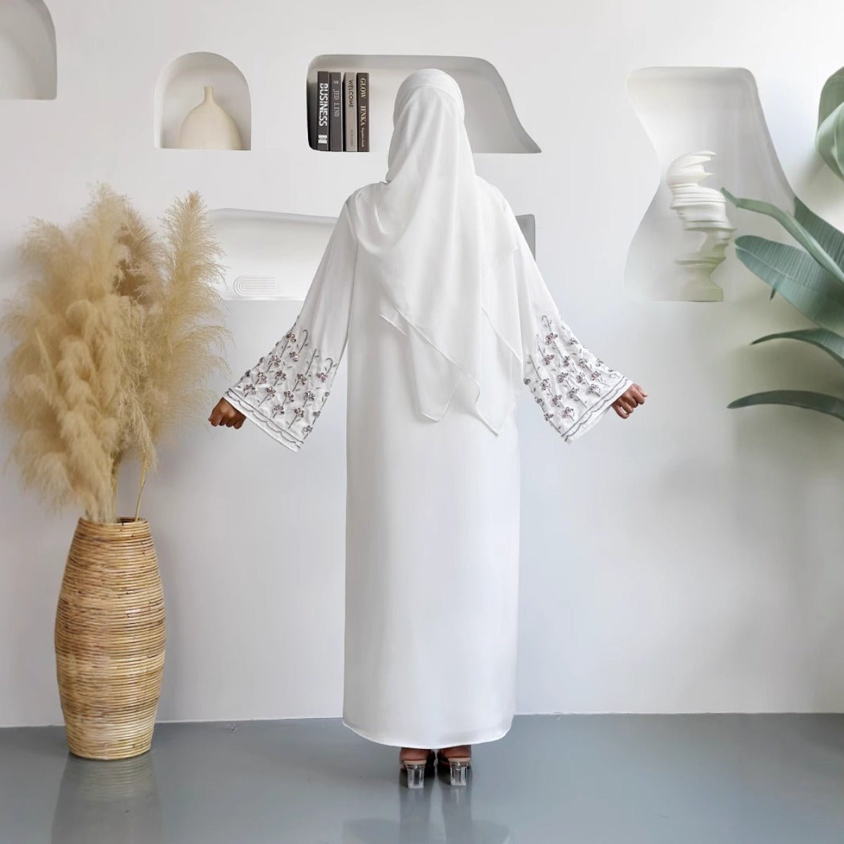 Diamond Glow Abaya Collection | Luxury Modest Fashion White & Blush Pink Embroidered Robes with Floral Sleeves (MOA205)