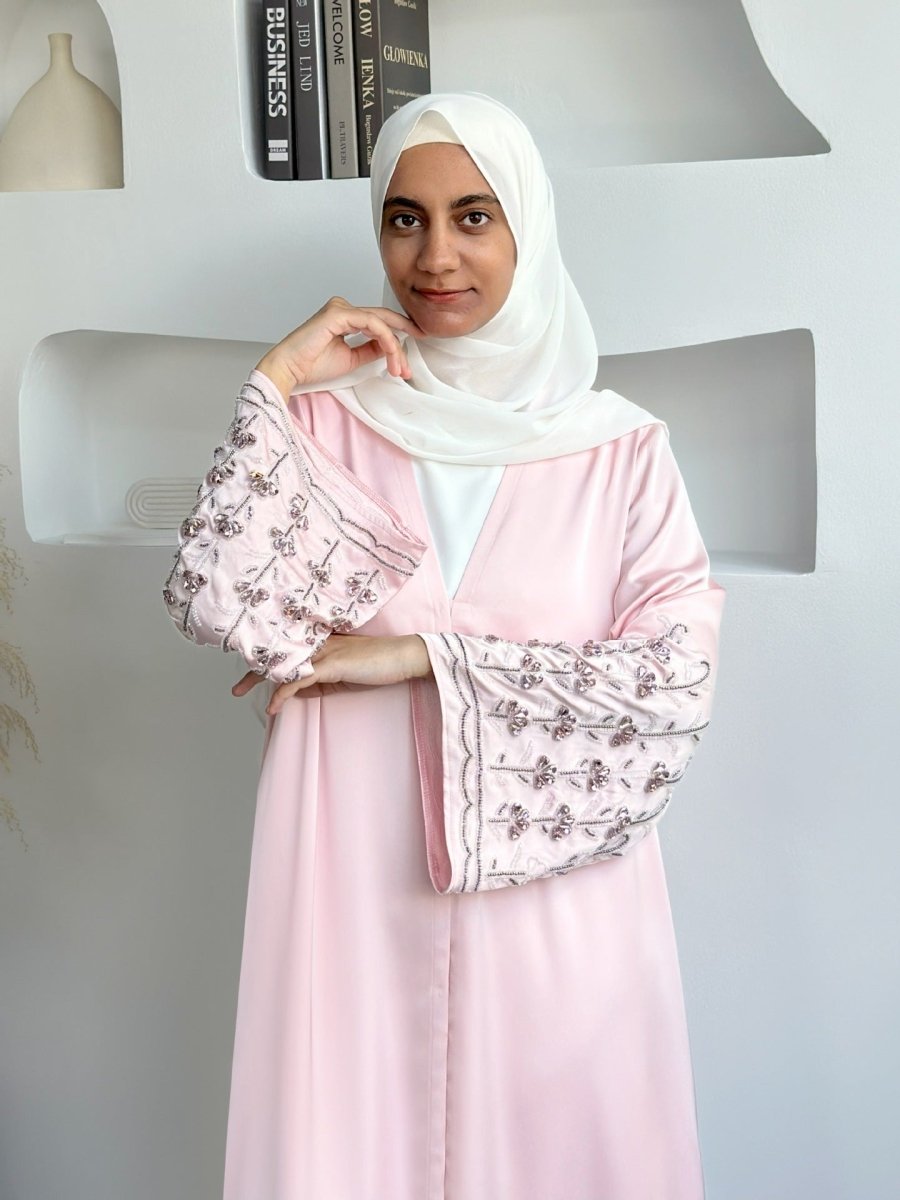 Diamond Glow Abaya Collection | Luxury Modest Fashion White & Blush Pink Embroidered Robes with Floral Sleeves (MOA205)