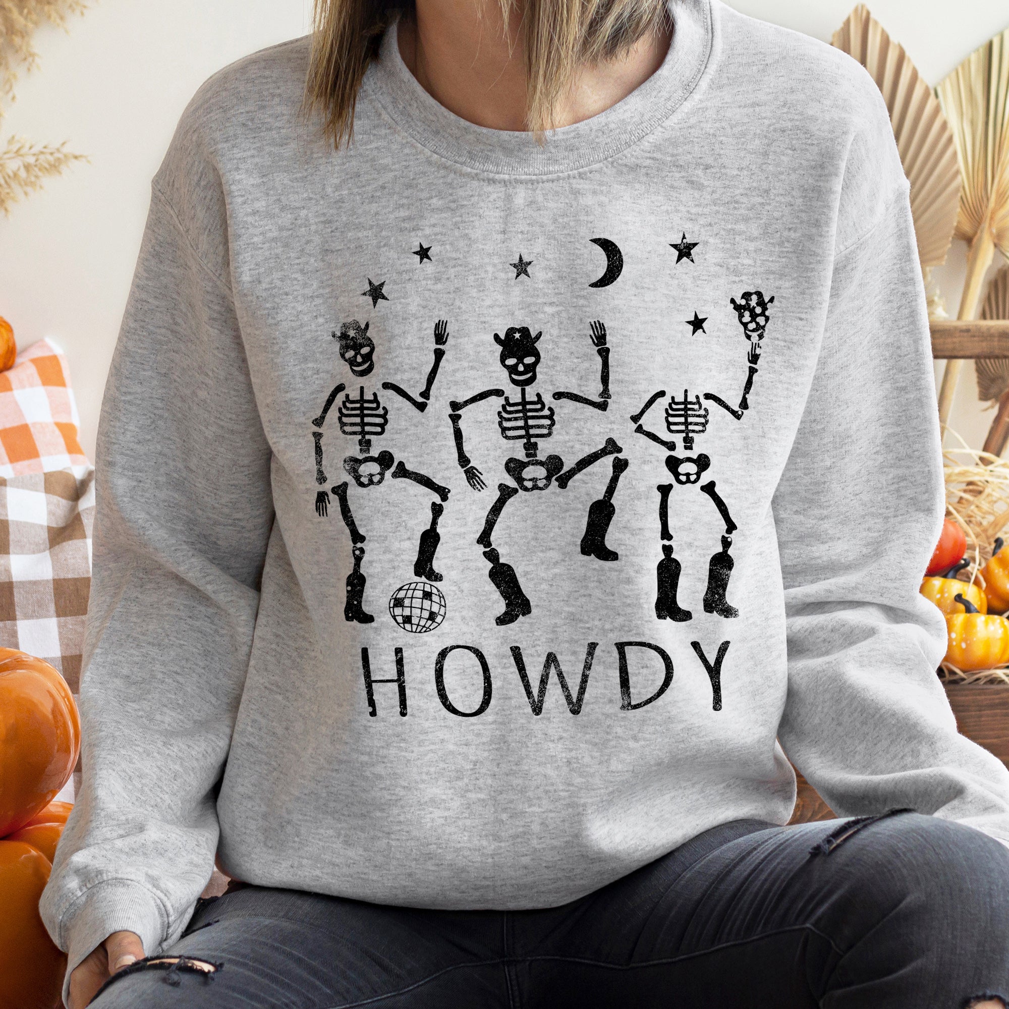Howdy Skeletons Halloween Night Edition Cozy Fleece Graphic For Haunted Season Sweatshirt