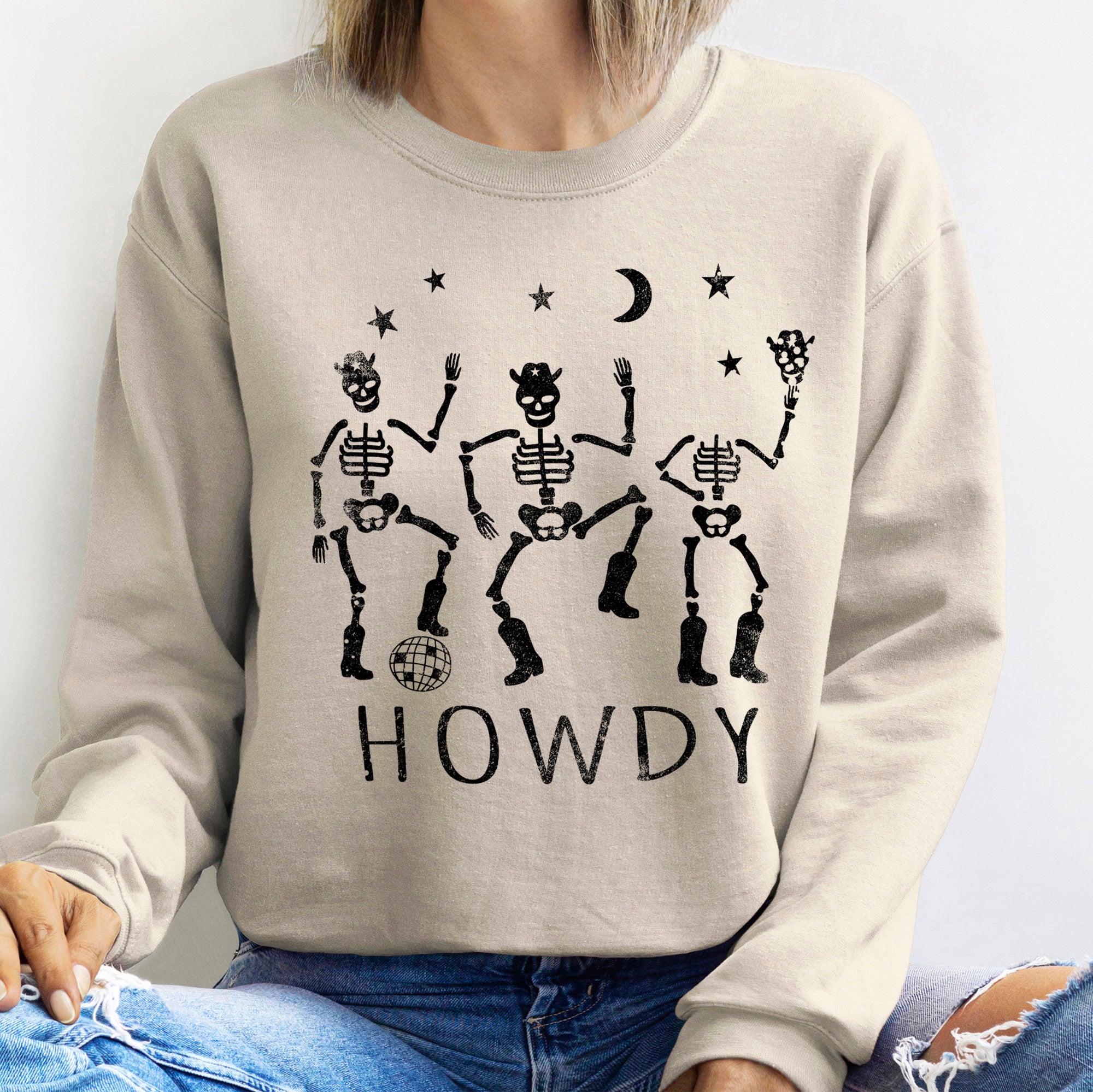 Howdy Skeletons Halloween Night Edition Cozy Fleece Graphic For Haunted Season Sweatshirt