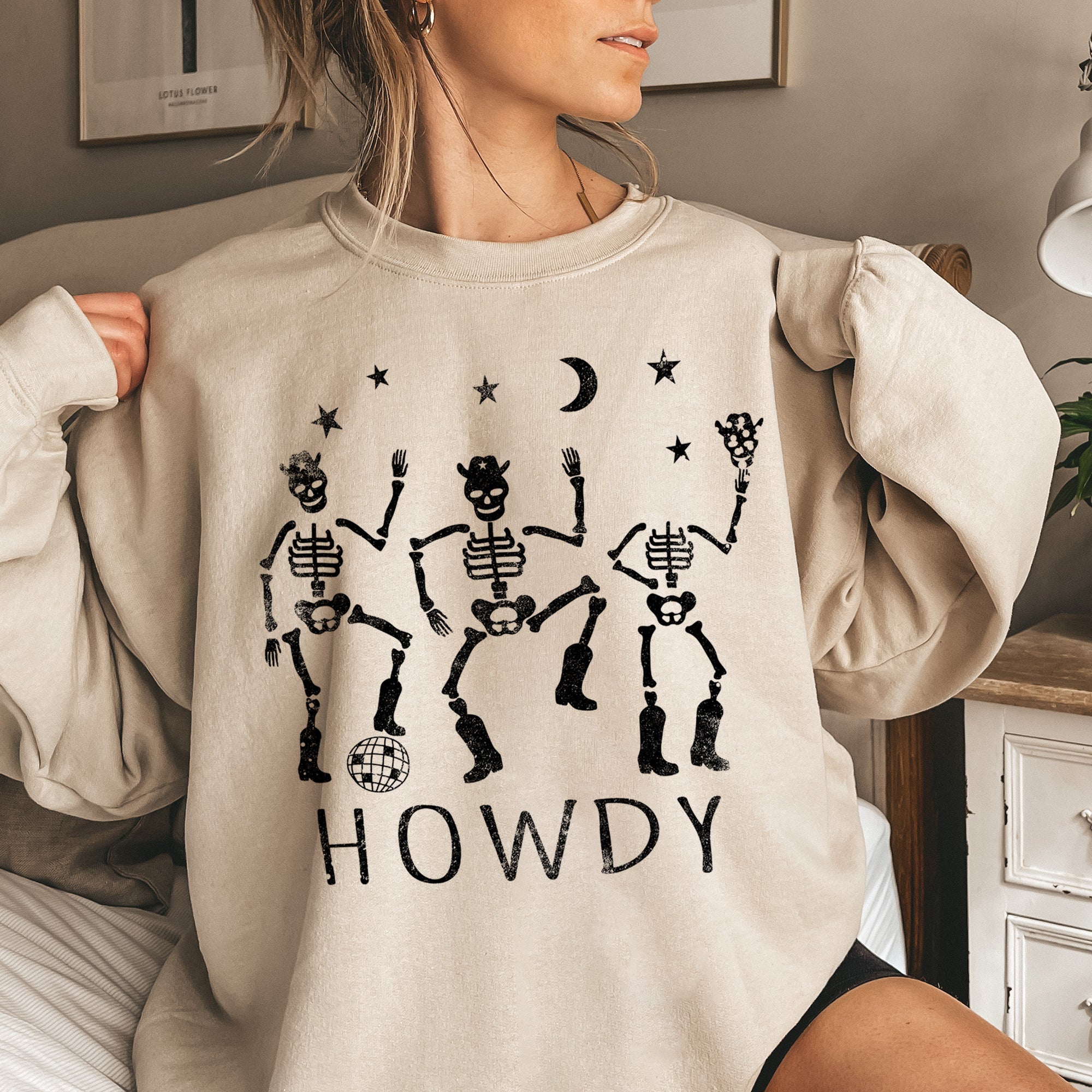 Howdy Skeletons Halloween Night Edition Cozy Fleece Graphic For Haunted Season Sweatshirt