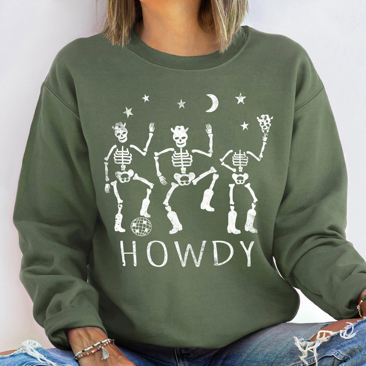 Howdy Skeletons Vintage Halloween Night Parade Spooky Western Graphic Sweatshirt