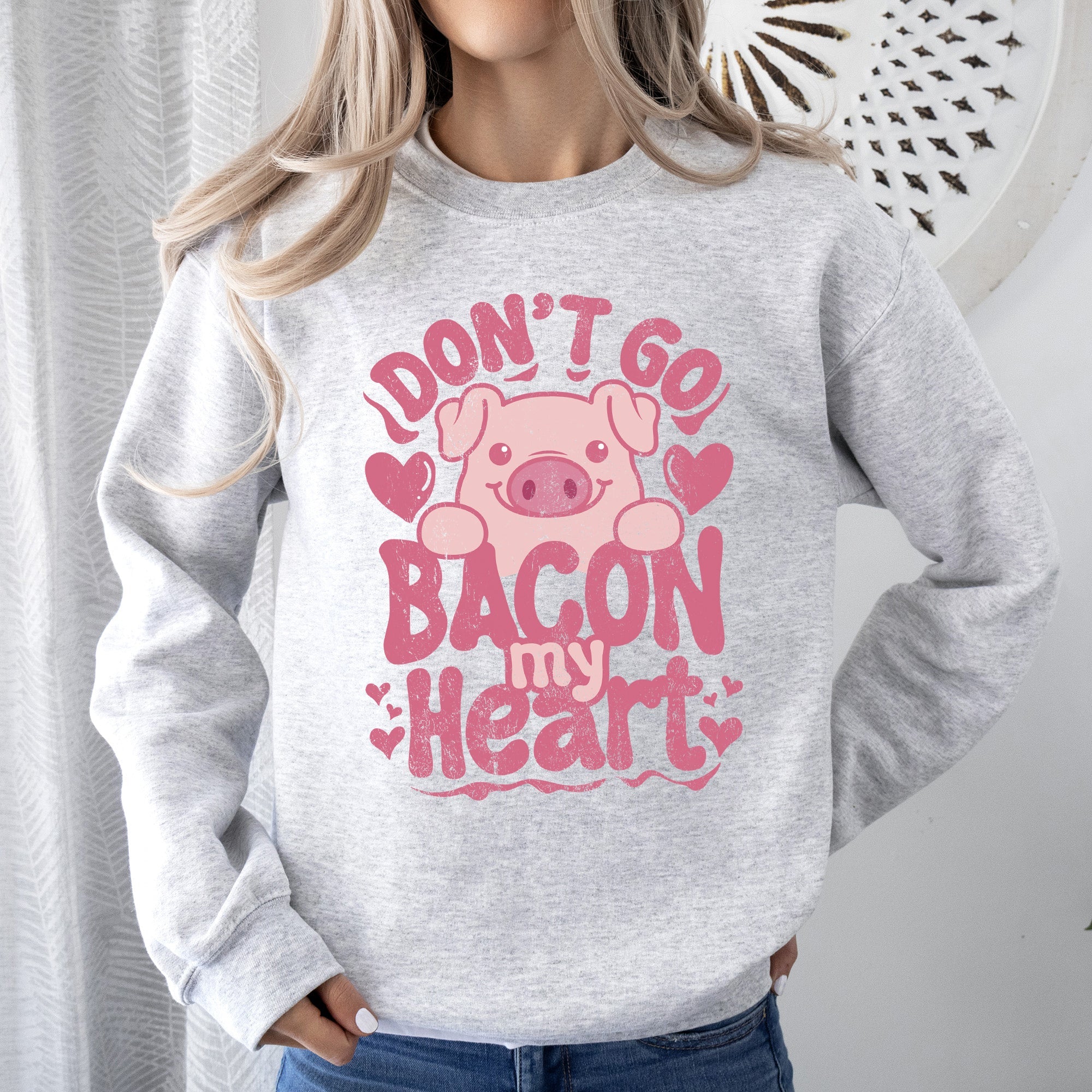 Don't Go Bacon My Heart Pig Pun Valentine's Day Cozy Fleece Lined Graphic Sweatshirt
