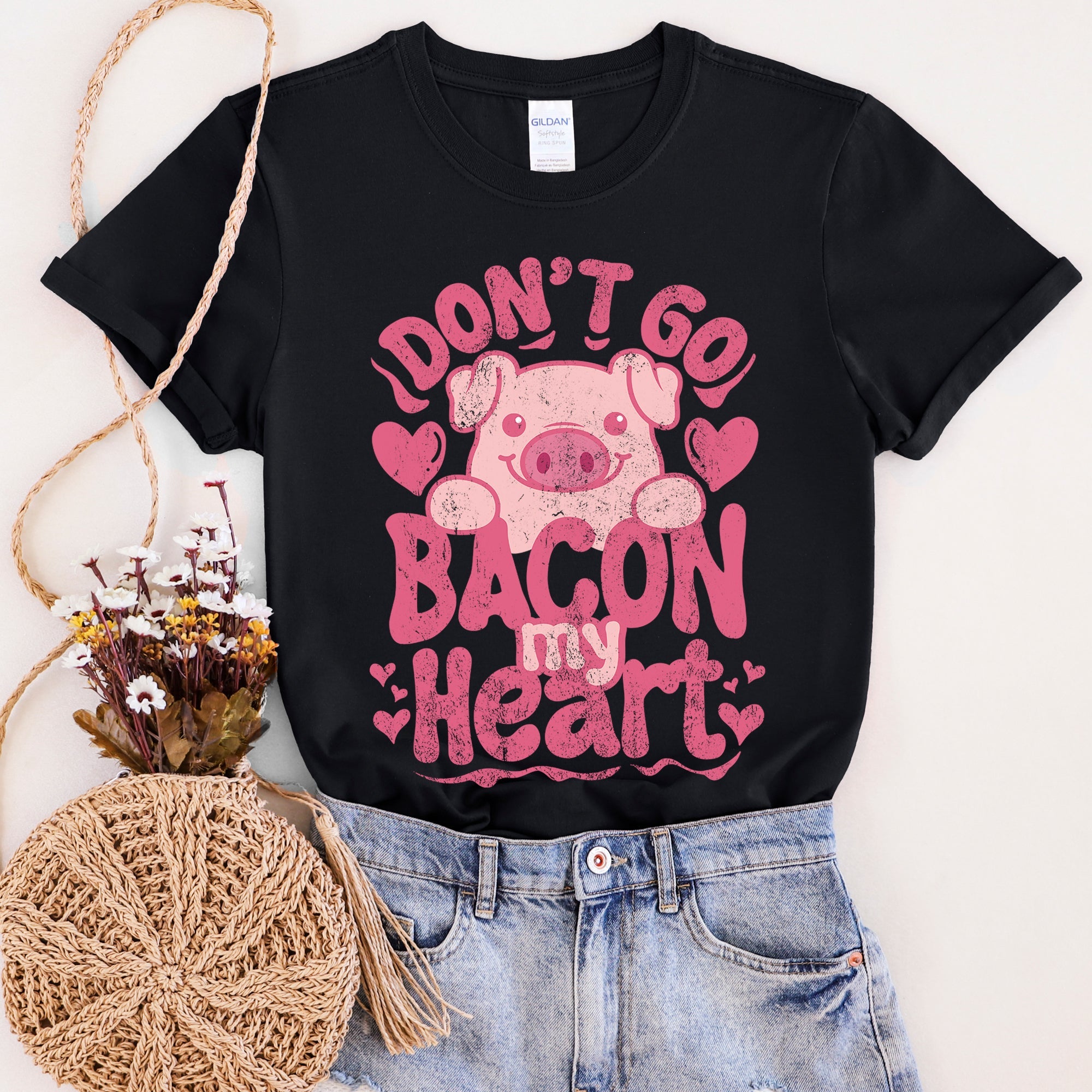 Don't Go Bacon My Heart Pig Pun Valentine's Day Funny Soft Ring-Spun Cotton Graphic Tee