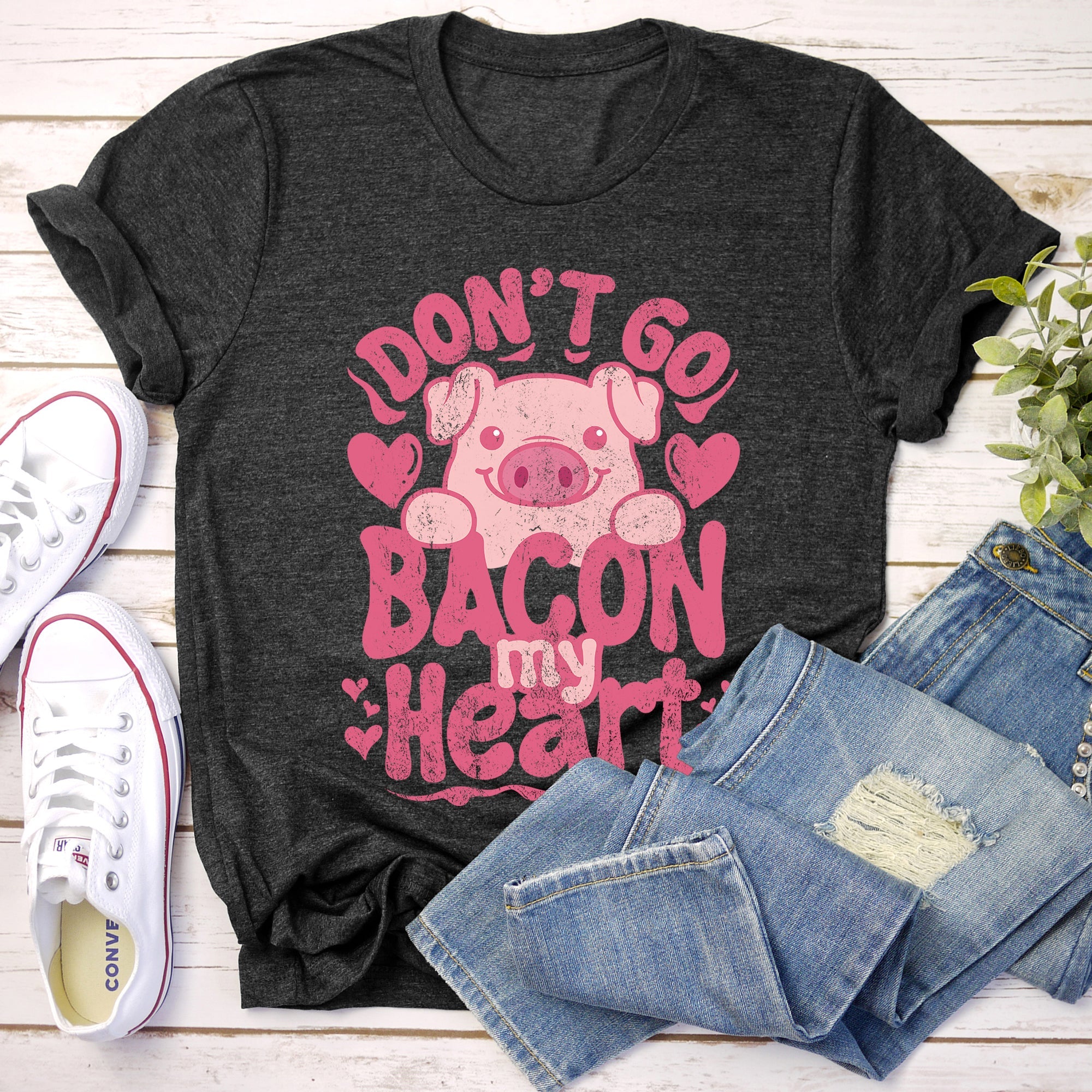 Don't Go Bacon My Heart Pig Pun Valentine's Day Funny Soft Ring-Spun Cotton Graphic Tee