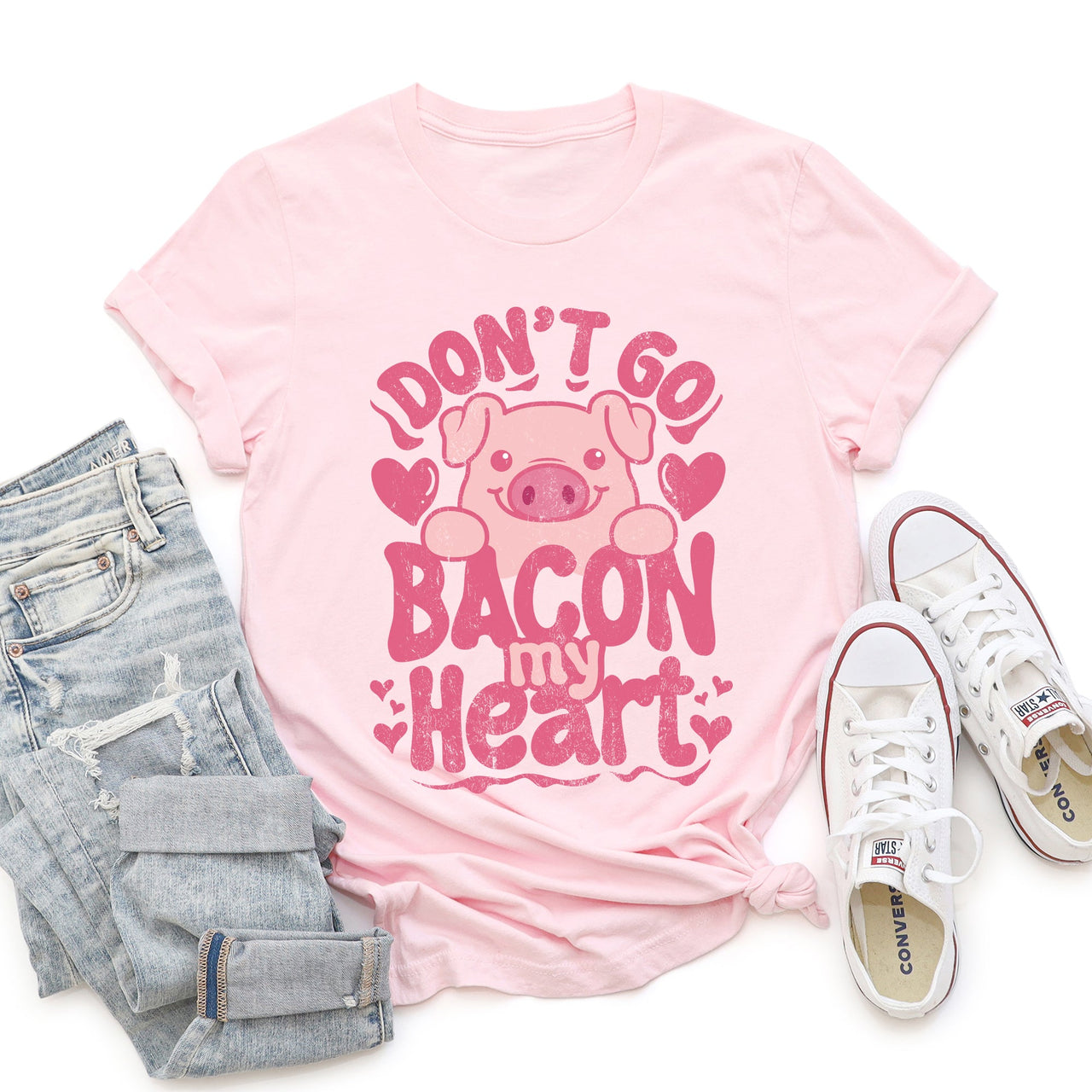 Don't Go Bacon My Heart Pig Pun Valentine's Day Funny Soft Ring-Spun Cotton Graphic Tee