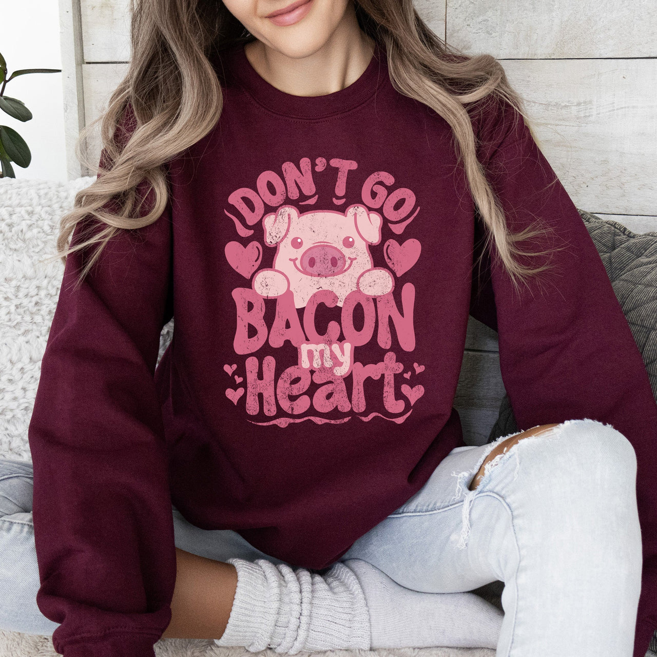 Don't Go Bacon My Heart Pig Pun Valentine's Day Cozy Fleece Lined Graphic Sweatshirt