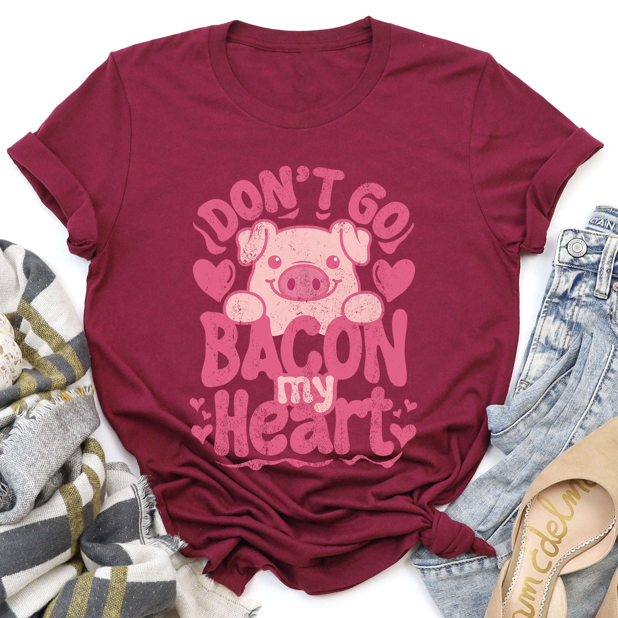 Don't Go Bacon My Heart Pig Pun Valentine's Day Funny Soft Ring-Spun Cotton Graphic Tee