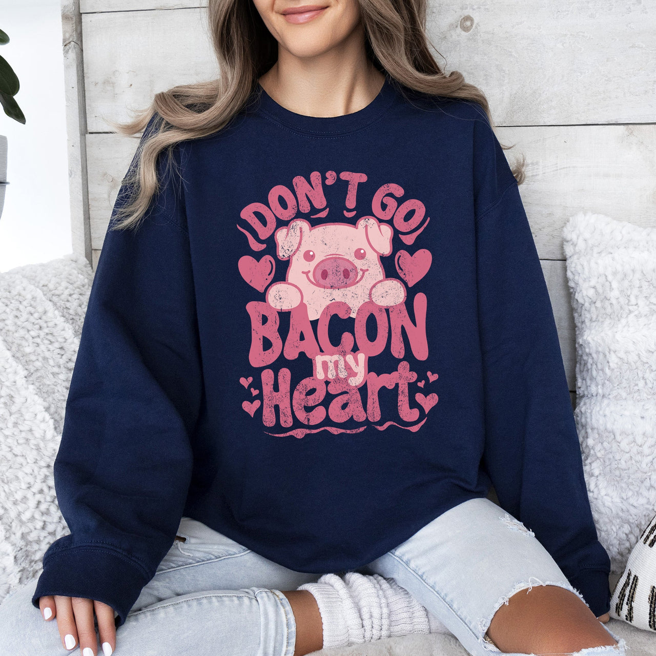 Don't Go Bacon My Heart Pig Pun Valentine's Day Cozy Fleece Lined Graphic Sweatshirt