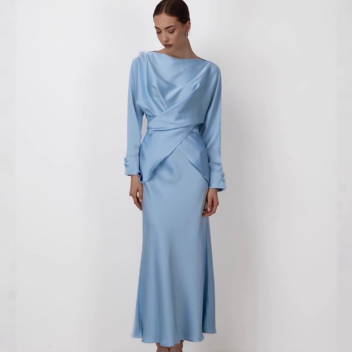 Draped Wrap Top & Maxi Skirt Set(MS333)