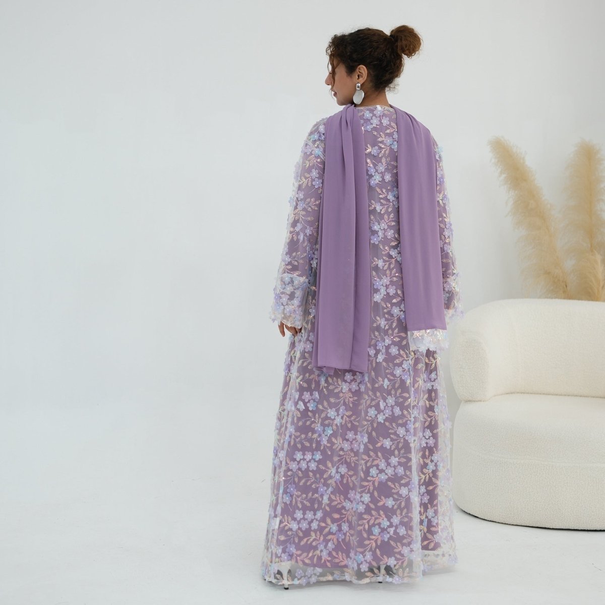 Dreamy 3D Flower Mesh Open Abaya Set(MOA313)