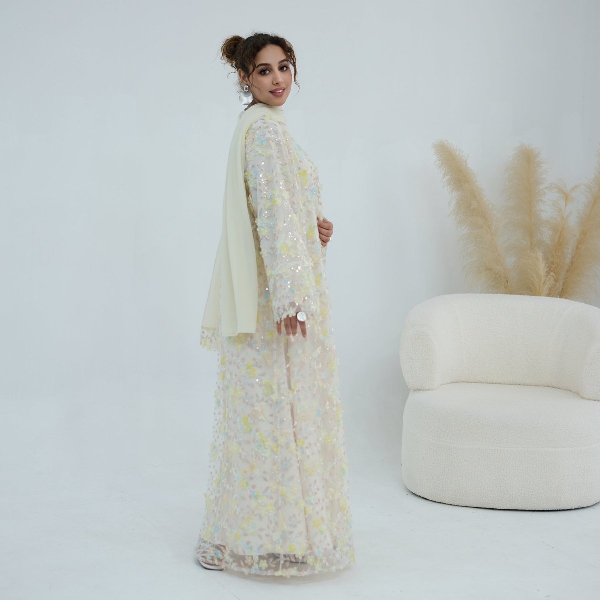 Dreamy 3D Flower Mesh Open Abaya Set(MOA313)