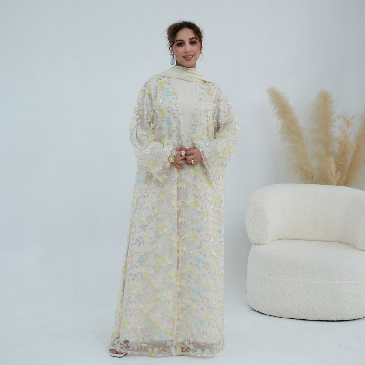 Dreamy 3D Flower Mesh Open Abaya Set(MOA313)