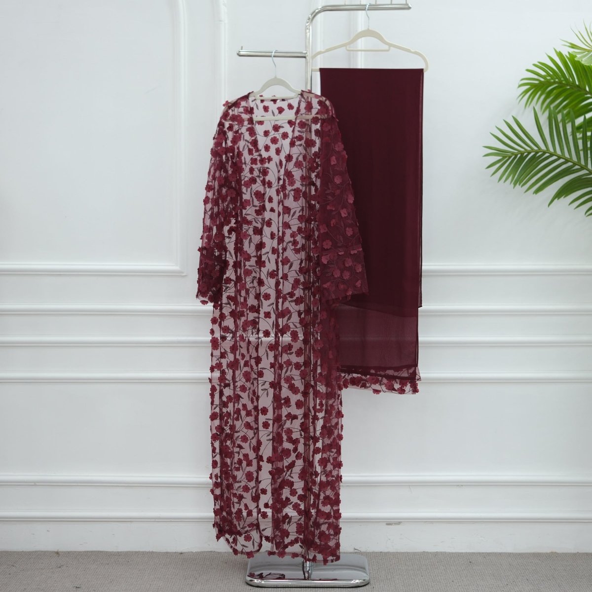 Dreamy 3D Flower Mesh Open Abaya Set(MOA313)