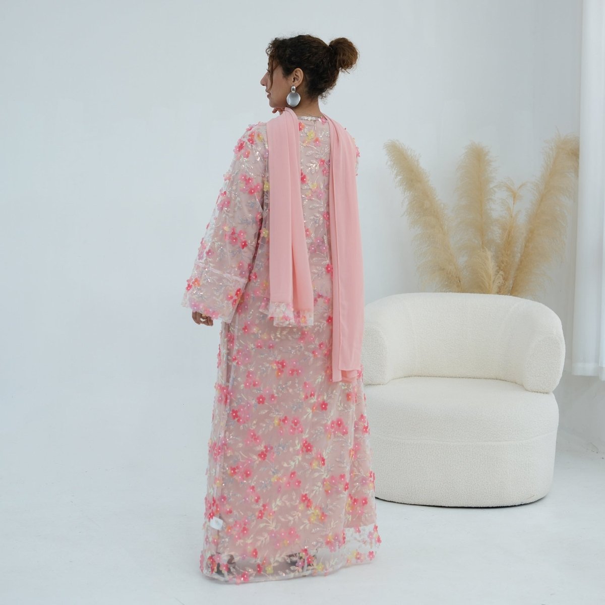 Dreamy 3D Flower Mesh Open Abaya Set(MOA313)