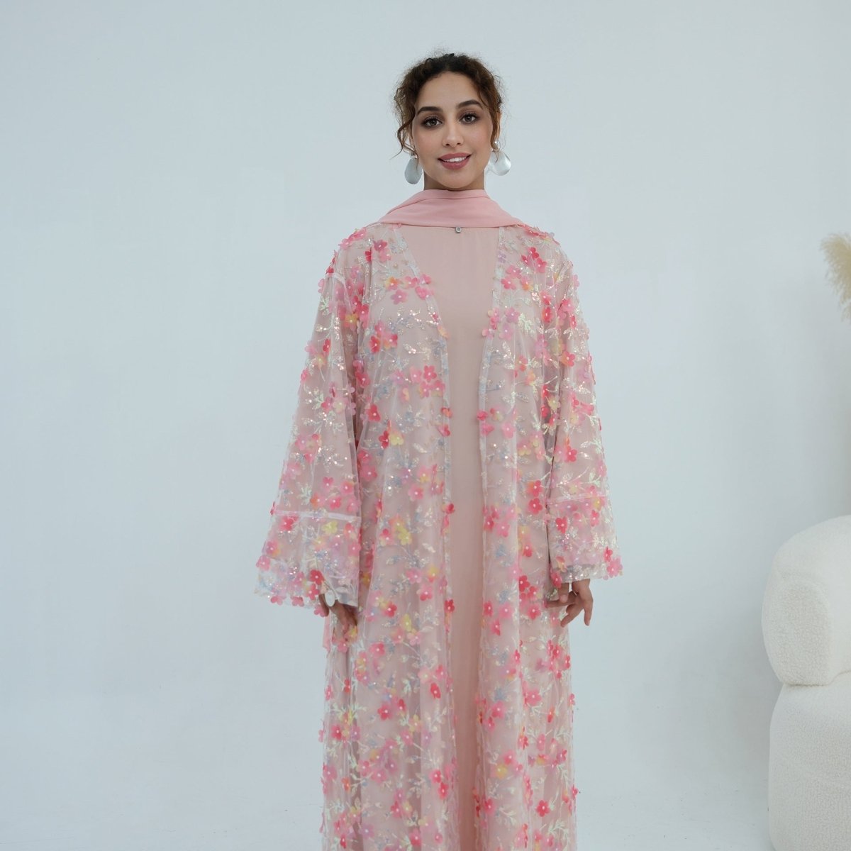 Dreamy 3D Flower Mesh Open Abaya Set(MOA313)