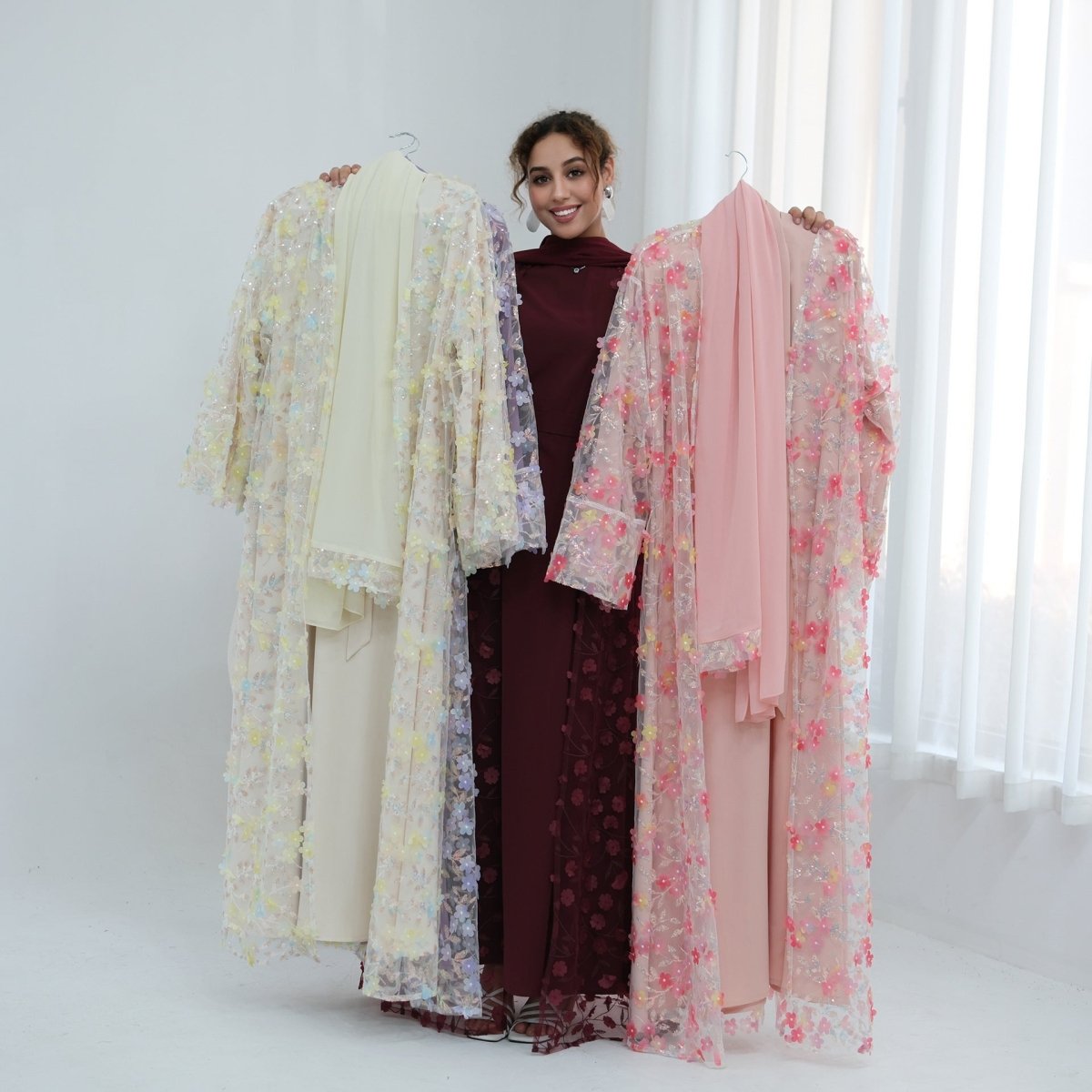 Dreamy 3D Flower Mesh Open Abaya Set(MOA313)