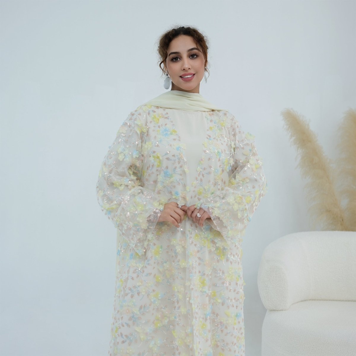 Dreamy 3D Flower Mesh Open Abaya Set(MOA313)