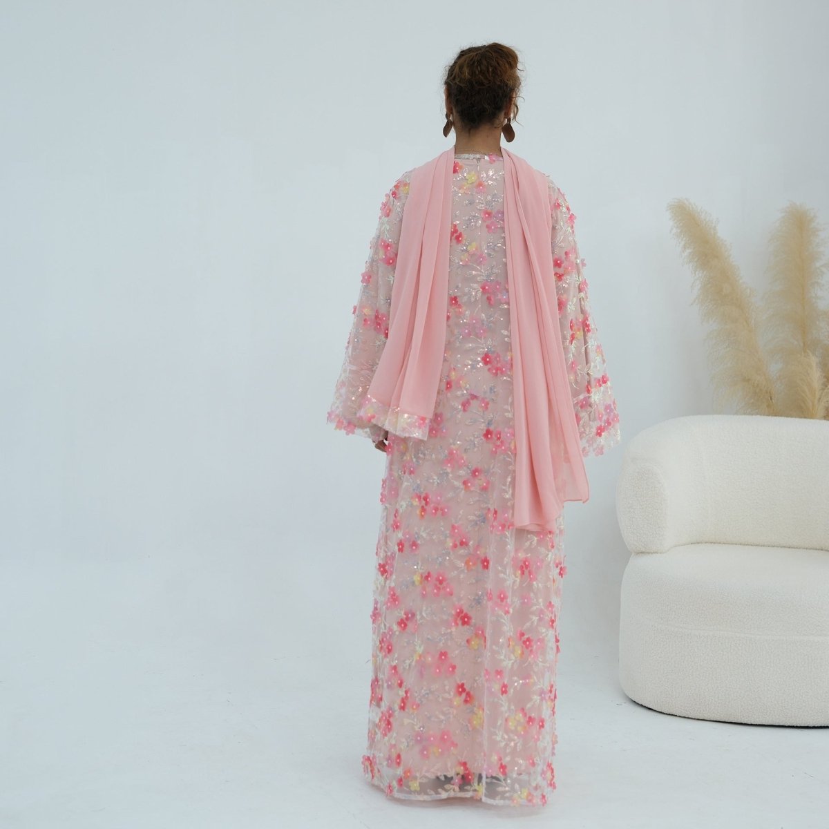 Dreamy 3D Flower Mesh Open Abaya Set(MOA313)