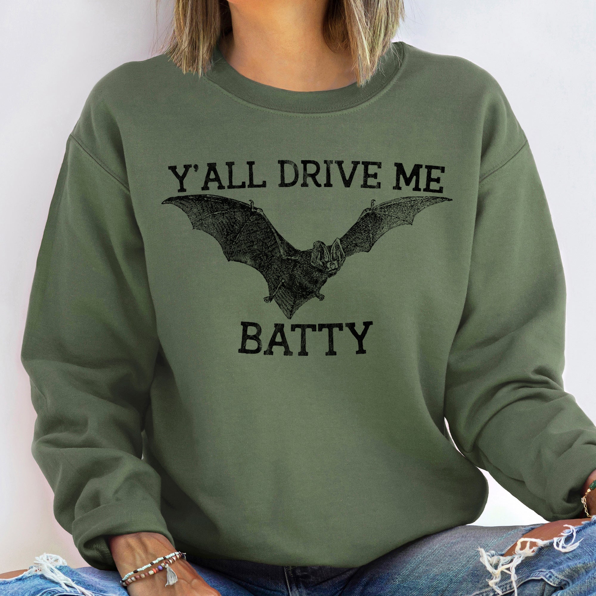 Y'all Drive Me Batty Halloween Spooky Moonlit Night With Party Ghosts And Bats Sweatshirt