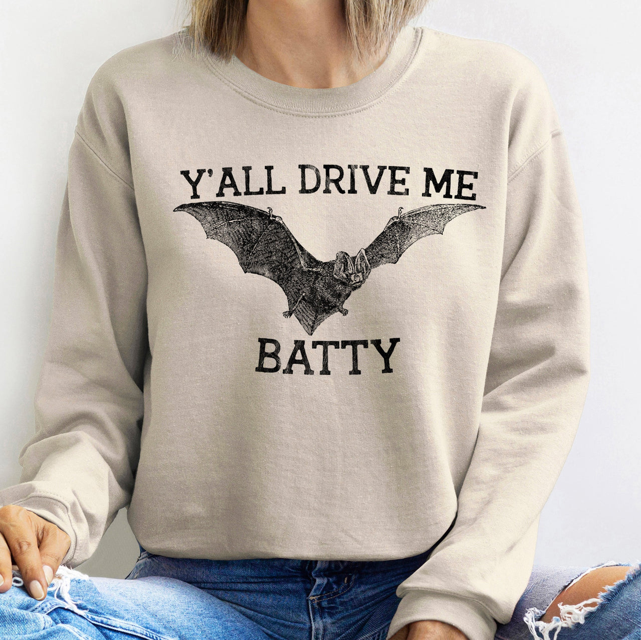 Y'all Drive Me Batty Halloween Spooky Moonlit Night With Party Ghosts And Bats Sweatshirt