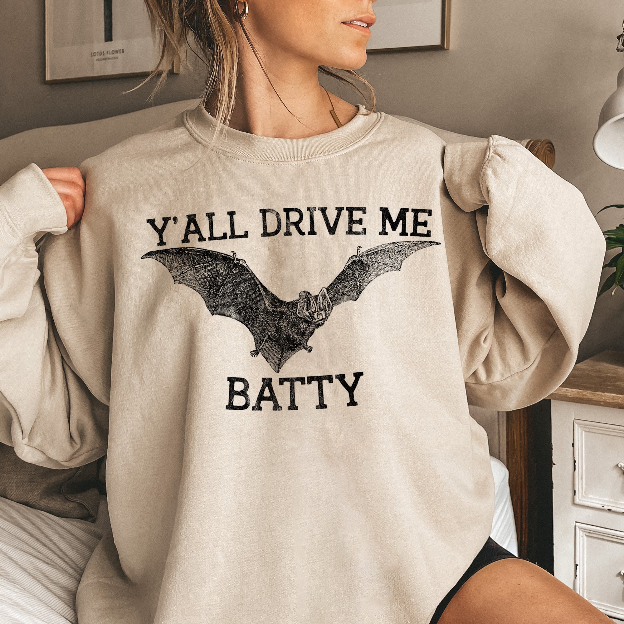 Y'all Drive Me Batty Halloween Spooky Moonlit Night With Party Ghosts And Bats Sweatshirt