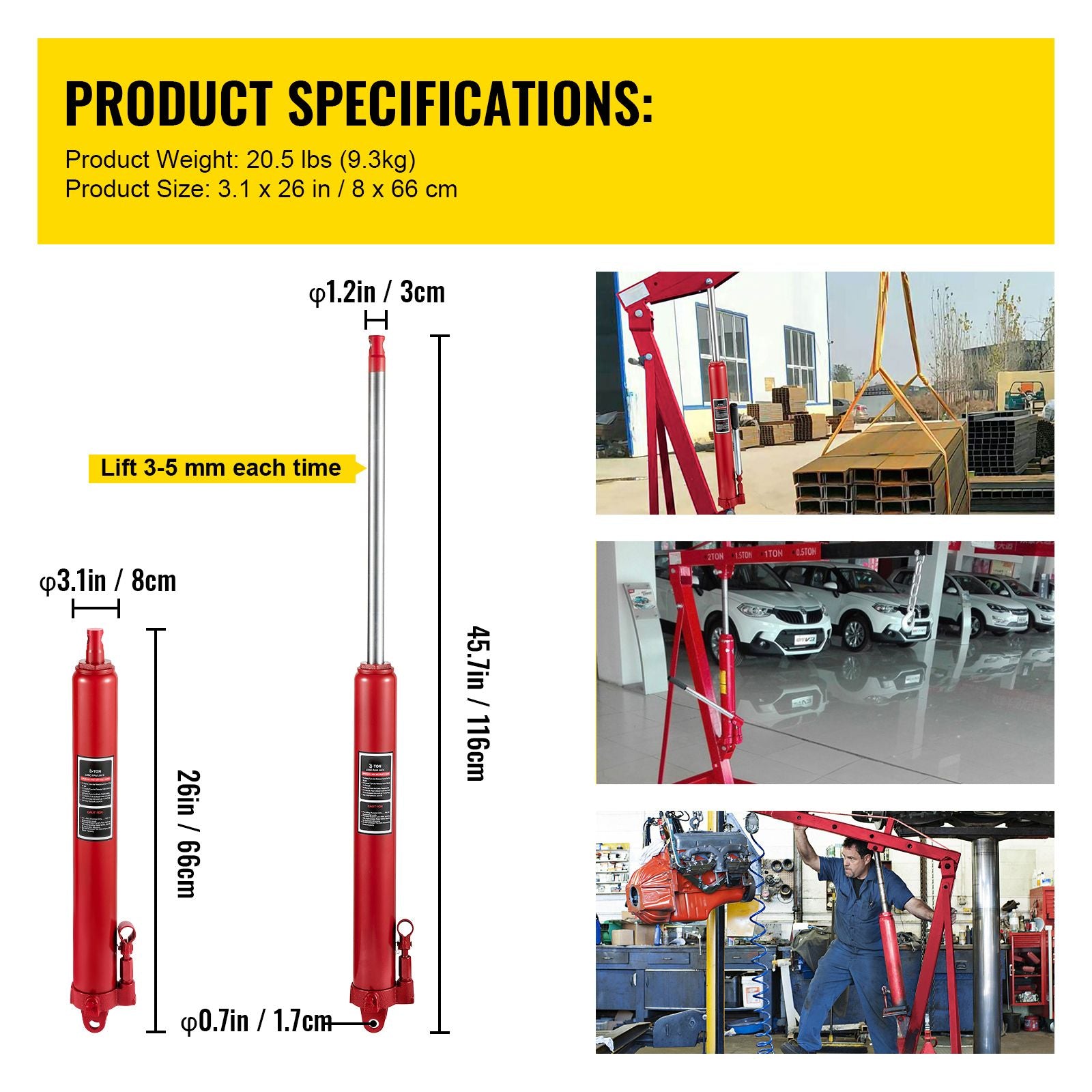 Hydraulic Long Ram Jack, 3 Tons/6600 lbs Capacity, with Single Piston Pump and Clevis Base, Manual Cherry Picker with Handle, for Garage/Shop Cranes, Engine Lift Hoist, Red