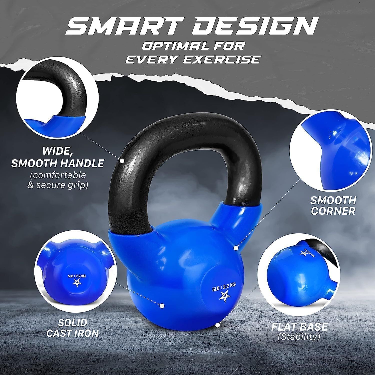 Kettlebell, 5-100 LB Vinyl Coated Cast Iron Strength Training Kettlebells for Home Gym Exercises, Fitness, Full Body Workout Equipment, Push Ups, and Grip Strength
