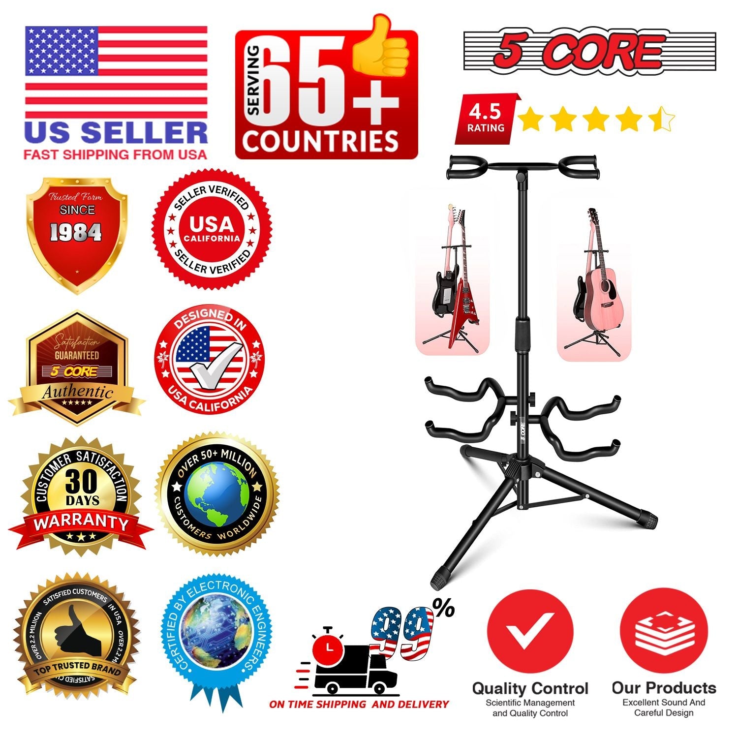 Guitar Stand Adjustable Double Guitars Stands Floor w Neck Holder Universal Supports for Acoustic Electric Classic Bass Instrument Folding Portable Black - GSH 2N1