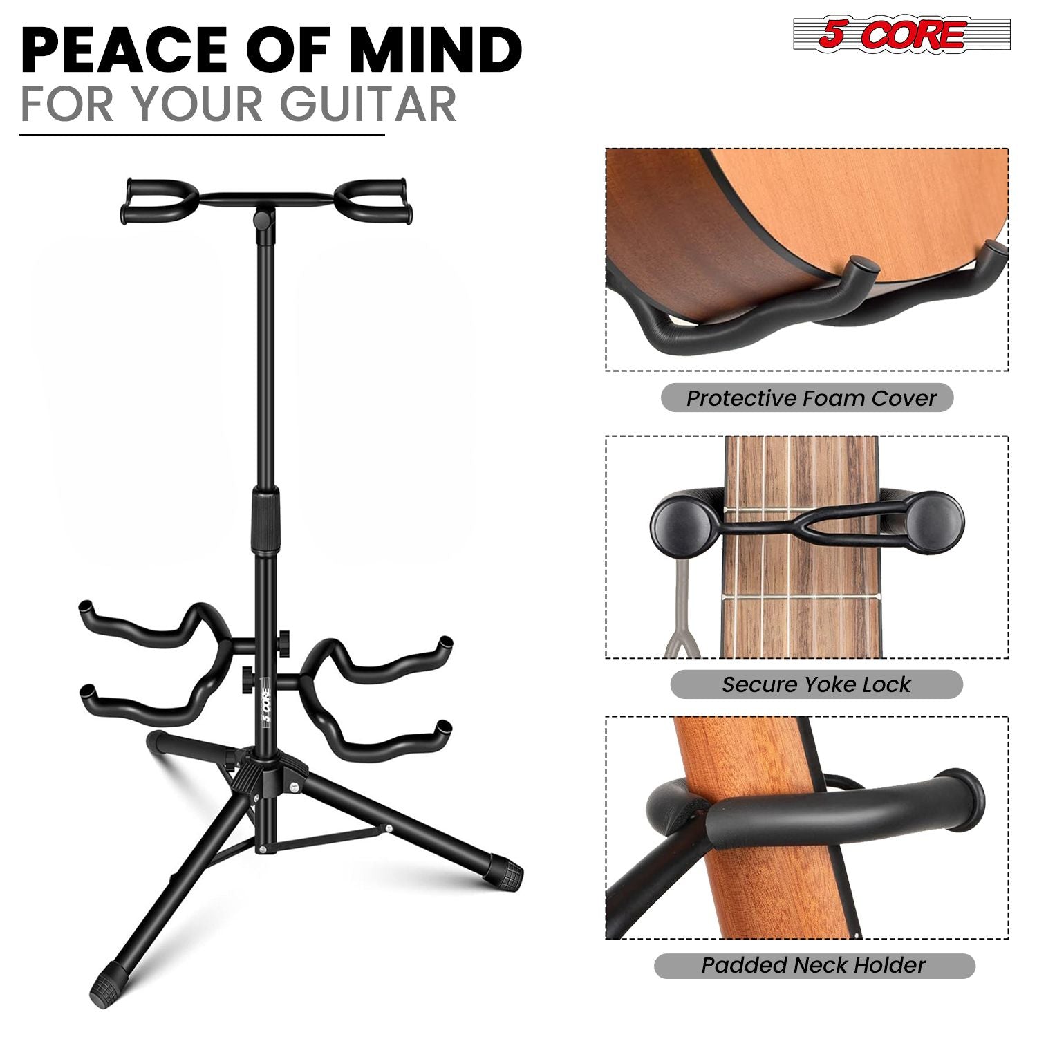 Guitar Stand Adjustable Double Guitars Stands Floor w Neck Holder Universal Supports for Acoustic Electric Classic Bass Instrument Folding Portable Black - GSH 2N1