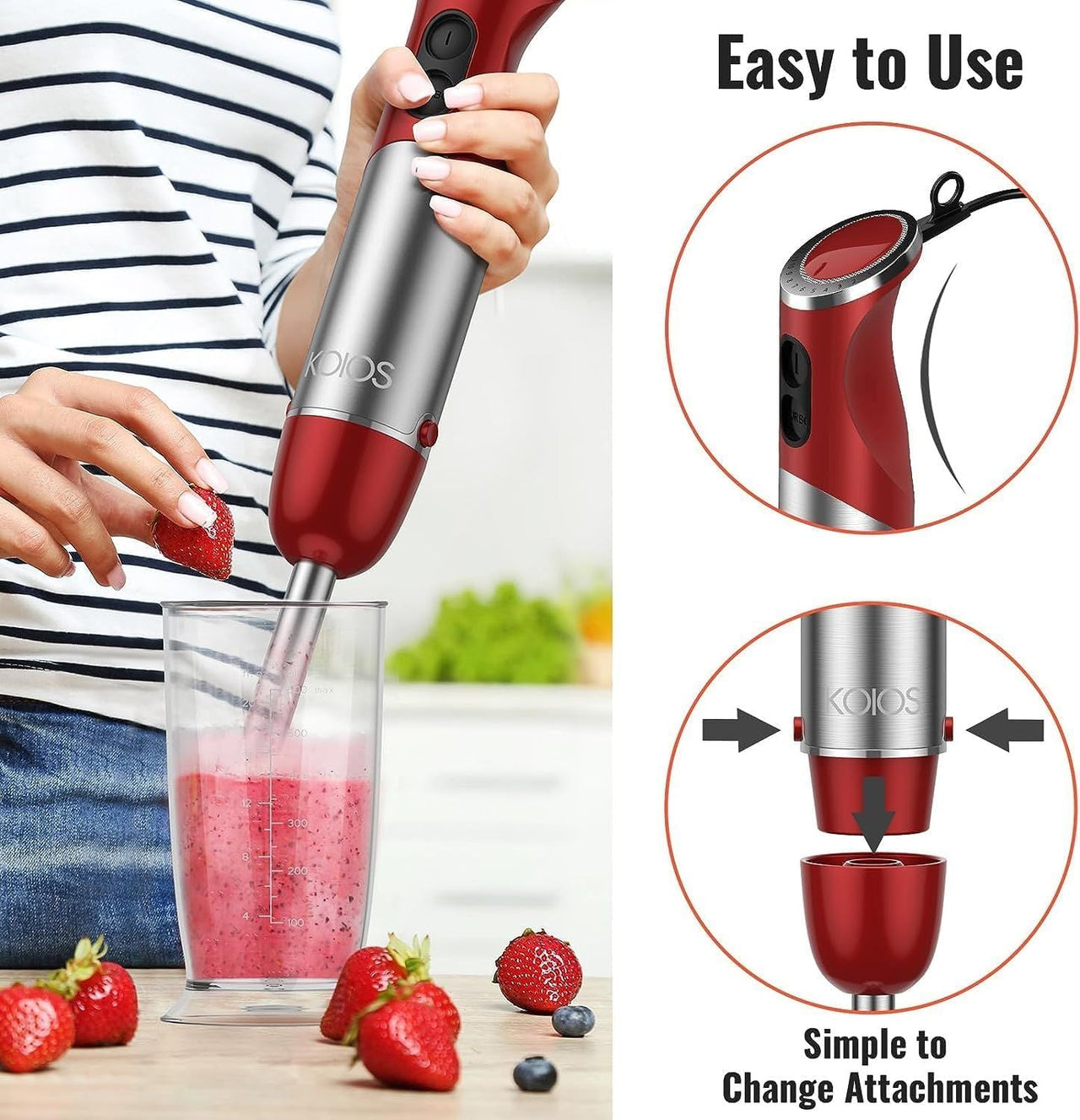 KOIOS 5-in-1 Hand Immersion Blender, 1000W 12 Speed Handheld Blender, Copper Motor Stainless Steel Blade Stick Blender,600ml Mixing Beaker,500ml Food Processor, Whisk, Milk Frother, B PA-F ree, Red