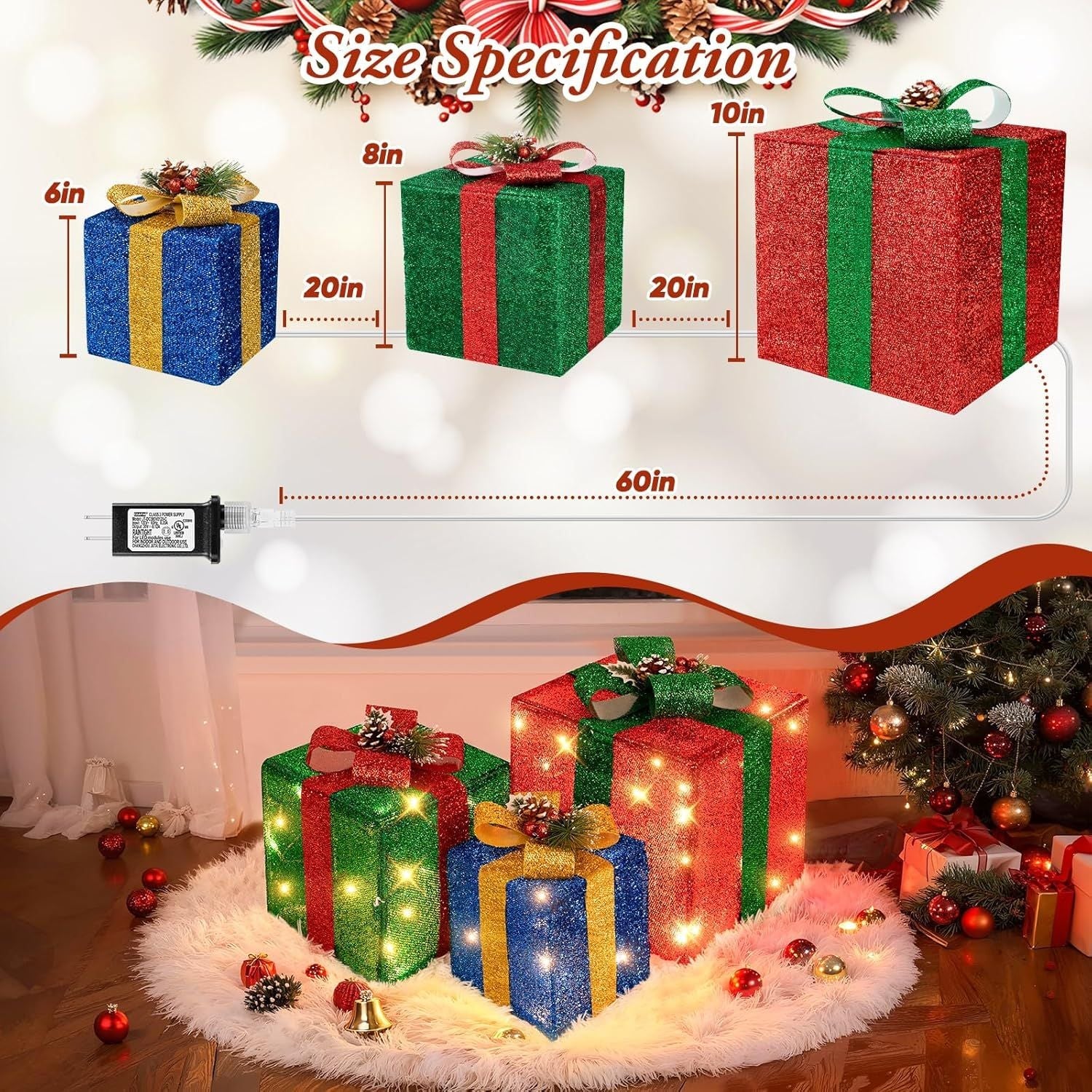 3 Pieces Large Gift Boxes for Christmas Decorations Outdoor, 10