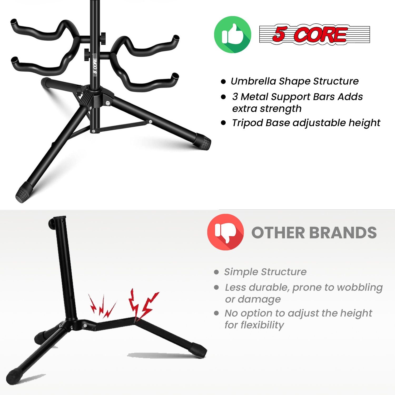 Guitar Stand Adjustable Double Guitars Stands Floor w Neck Holder Universal Supports for Acoustic Electric Classic Bass Instrument Folding Portable Black - GSH 2N1