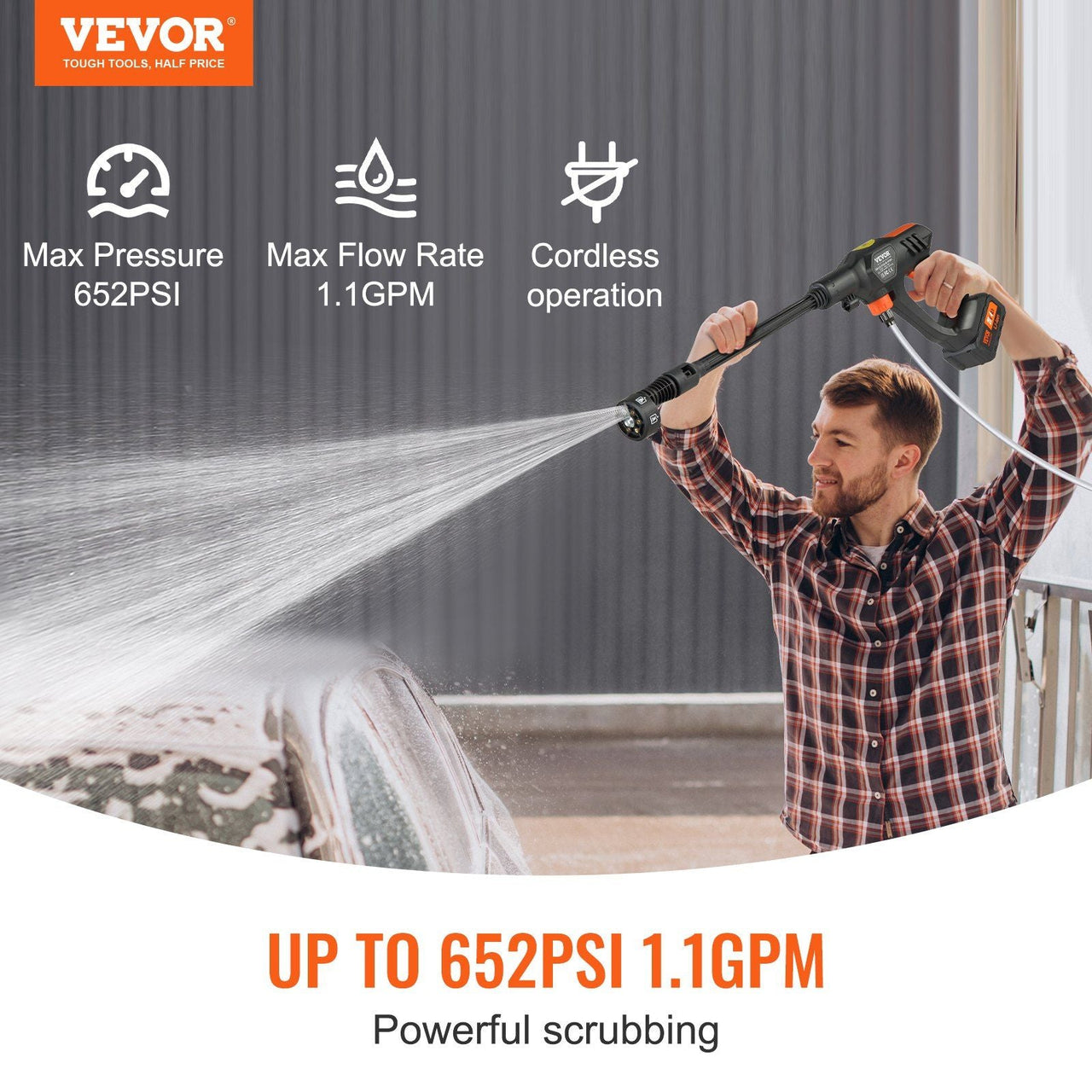 Cordless Pressure Washer, 652-PSI 1.1 GPM Portable Power Cleaner, Handheld High-Pressure Car Washer Gun with 4.0Ah Battery, Charger, 6-in-1 Nozzle, for Home/Floor Cleaning & Watering