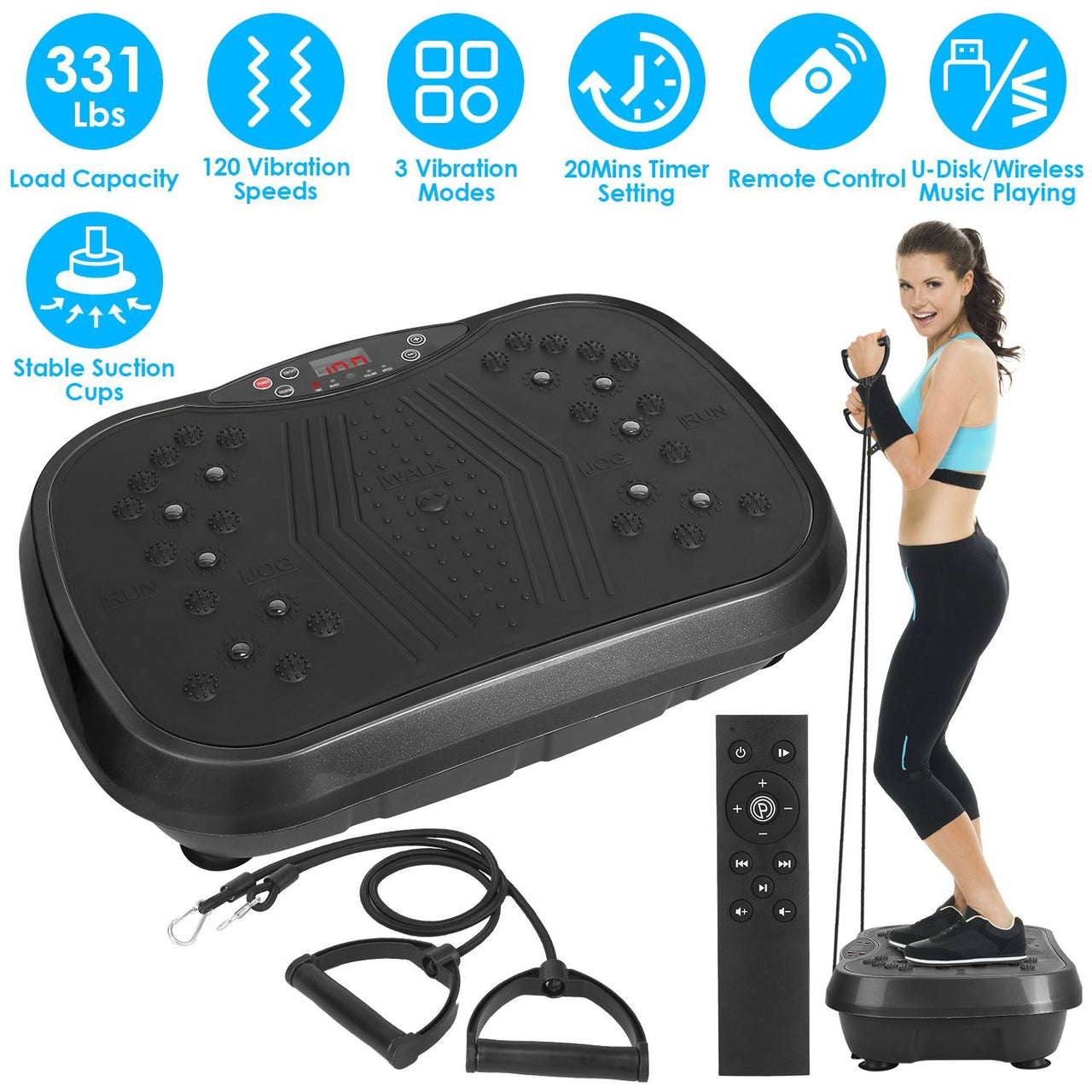 Whole Body Vibration Plate Exercise Machine 1–120 Speed Levels with 2 Resistance Bands, Touch & Remote Control Vibration Platform with Bluetooth USB Music Play for Home Fat Loss Workout