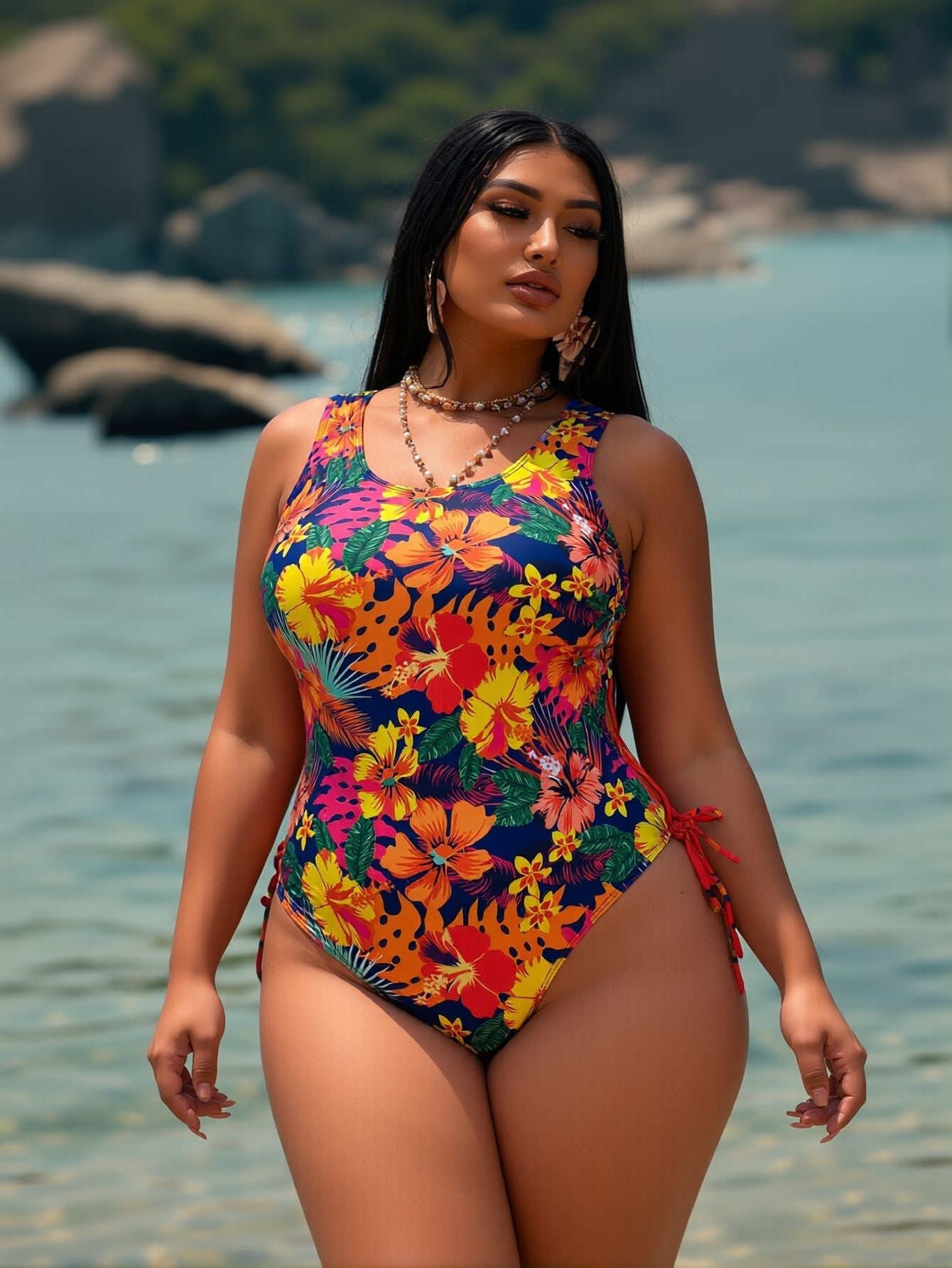 2026 New Plus Size One-Piece Swimsuit: Tropical Floral Print, Round Neck, Side Tie Ruched, Vibrant Beach Style