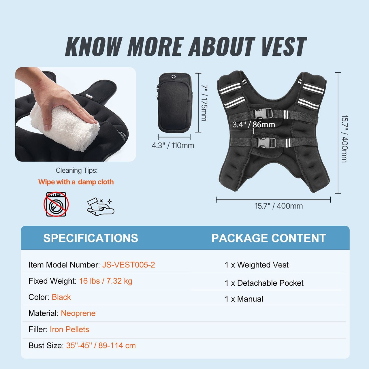 Weighted Vest, 16 lbs Weight Vest with Reflective Stripe, Adjustable Buckle Body Weight Vest for Men Women, Workout Equipment for Strength Training, Running, Jogging, Fitness, and Weight Loss