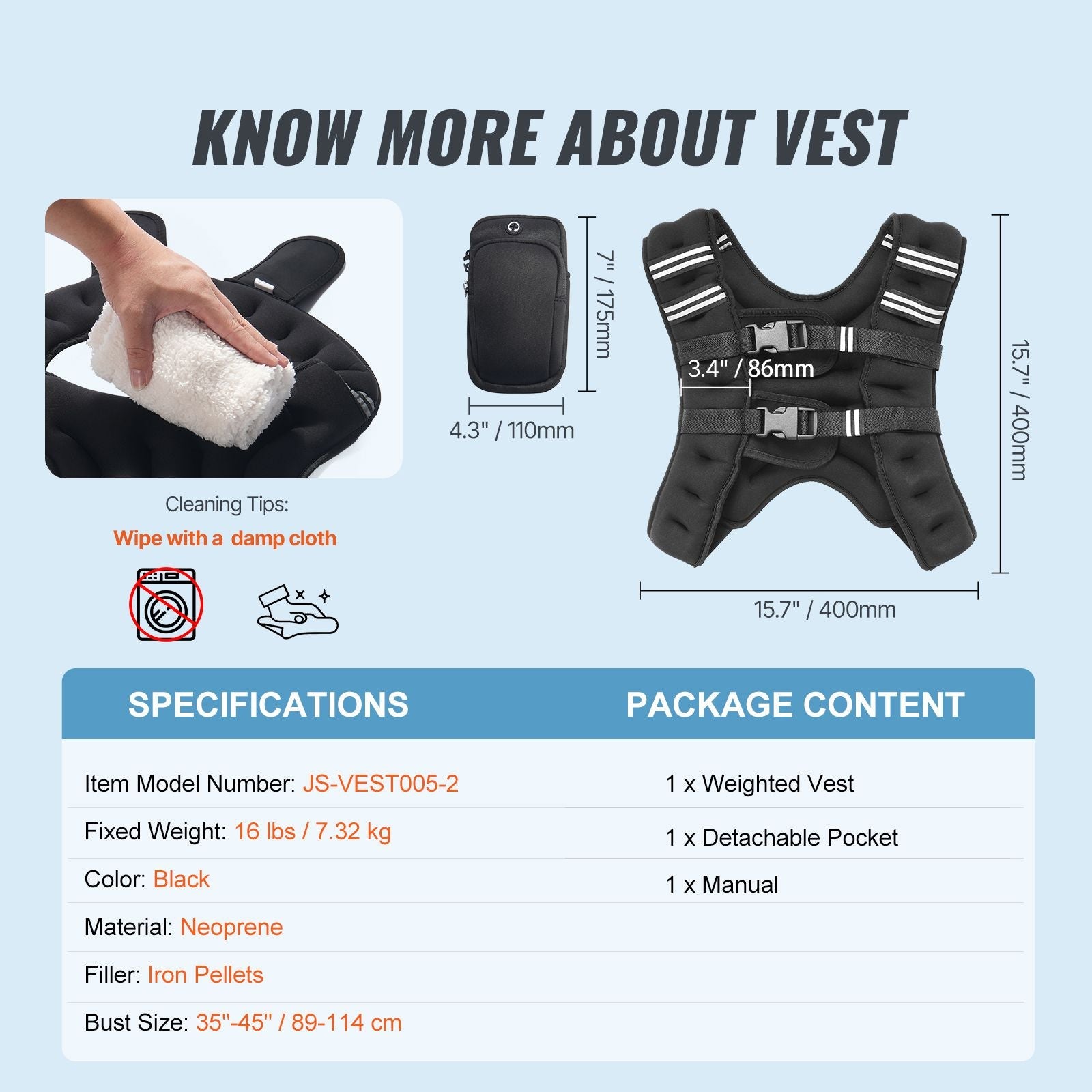 Weighted Vest, 16 lbs Weight Vest with Reflective Stripe, Adjustable Buckle Body Weight Vest for Men Women, Workout Equipment for Strength Training, Running, Jogging, Fitness, and Weight Loss