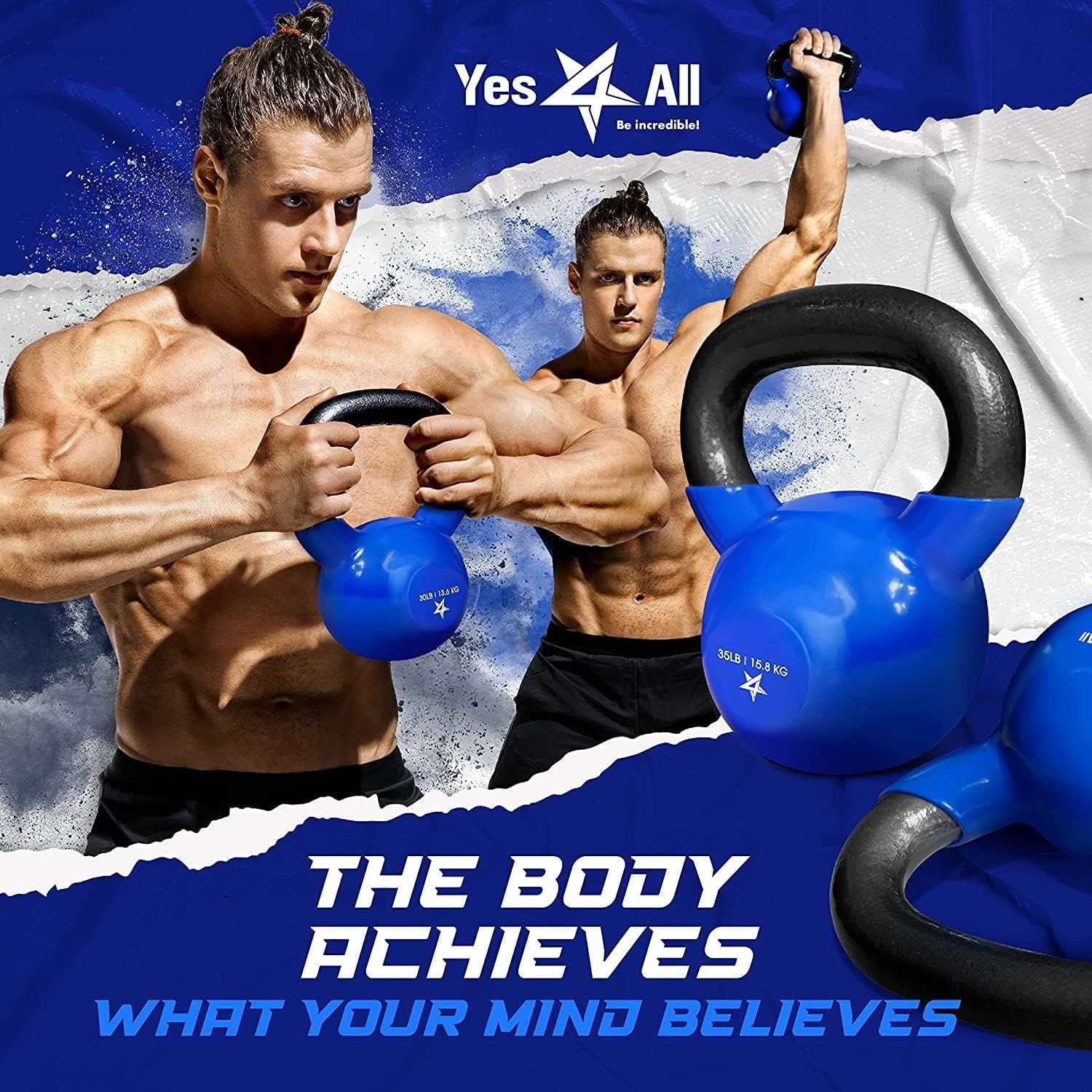 Kettlebell, 5-100 LB Vinyl Coated Cast Iron Strength Training Kettlebells for Home Gym Exercises, Fitness, Full Body Workout Equipment, Push Ups, and Grip Strength
