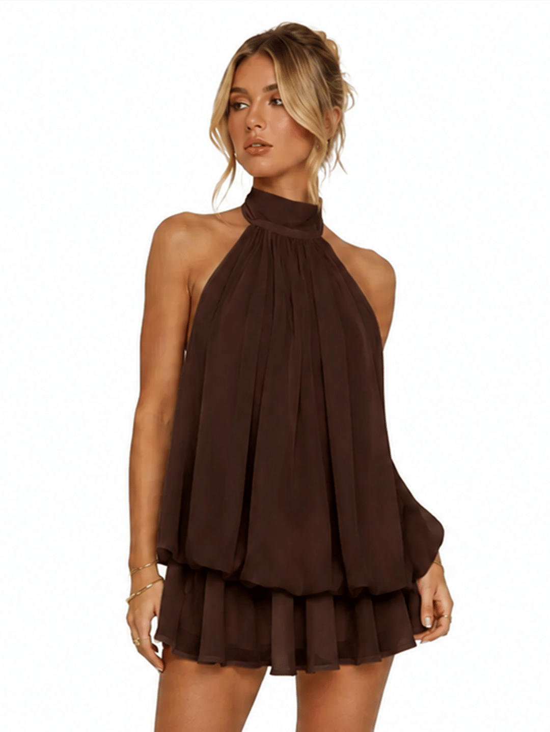 Womens Summer Dresses Halter Tie Mini Dress With Built-in Shorts, Chiffon Elegant A-Line Backless Sundress