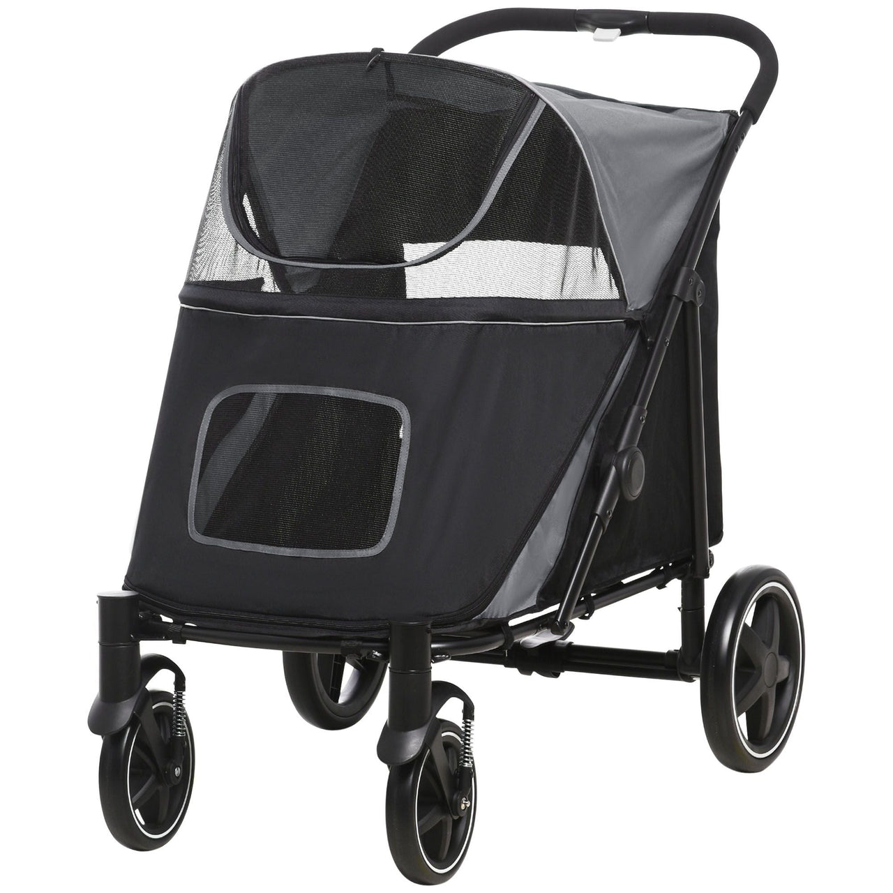 PawHut Pet Stroller Dog Cat Carriage One Click Fold with Universal Front Wheels Shock Absorber Brakes Storage Bags Mesh Window