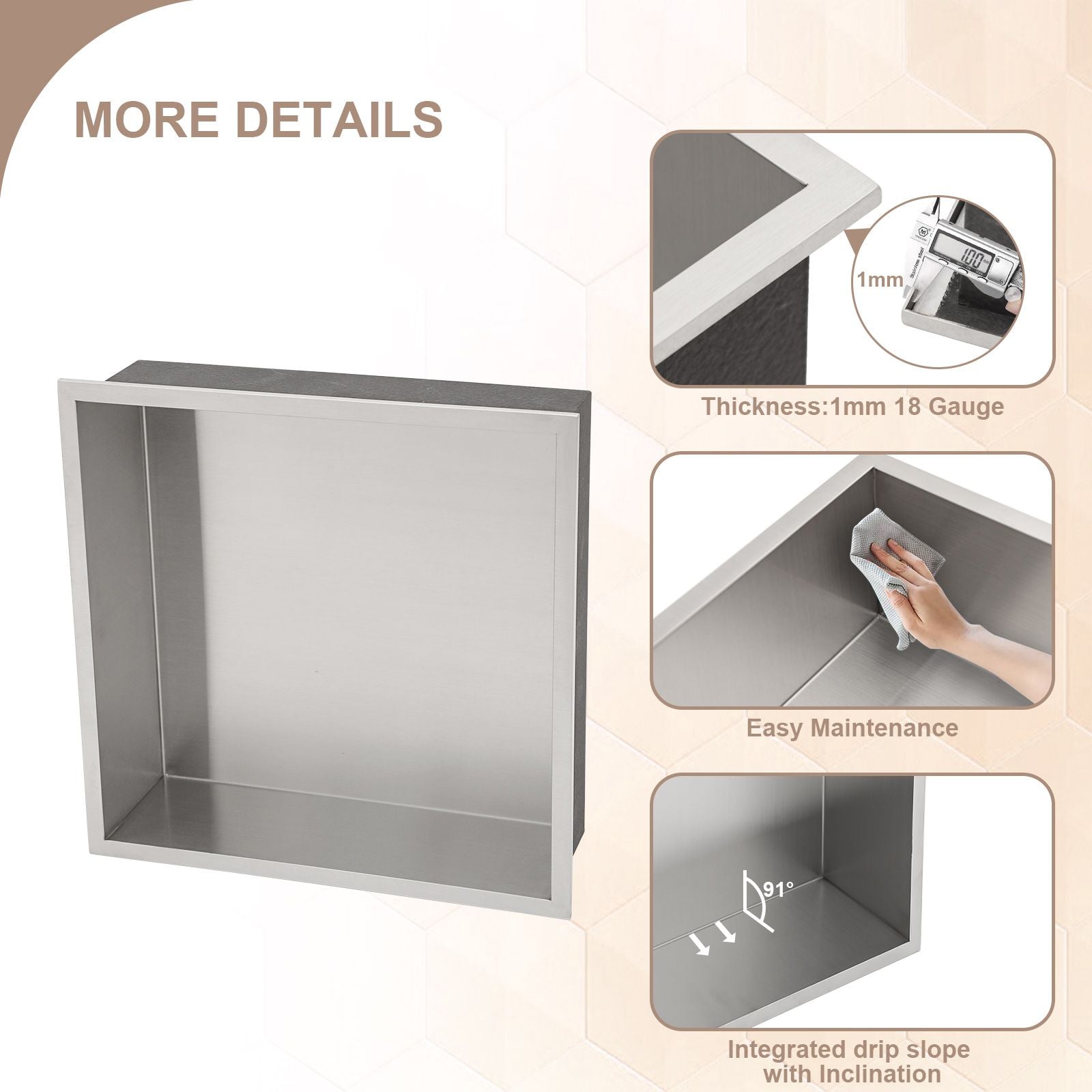Brushed Stainless Steel Wall Shower  Niche , Double Recessed Shower Shelf for Bathroom