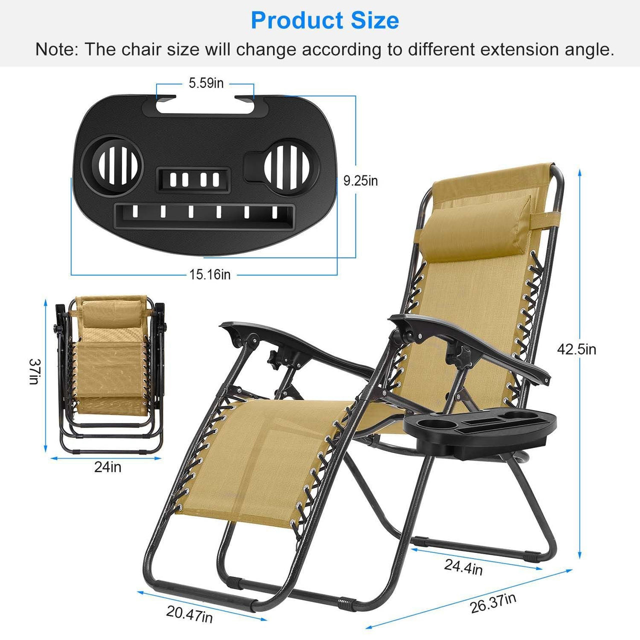 2Packs Zero Gravity Lounge Chair w/ Dual Side Tray 330lbs Load Foldable Recliner Chair w/ Stress Relief Pillow Patio Poolside Beach Lying Chair
