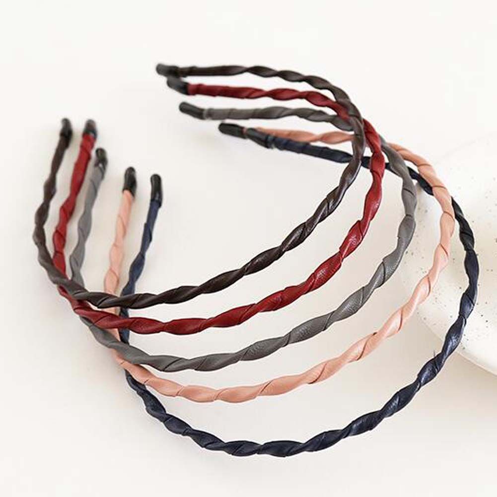 3 Pcs Random Color Spiral PU Leather Hair Band Thin Headband Simple Solid Color Braided Headwear Hair Loop