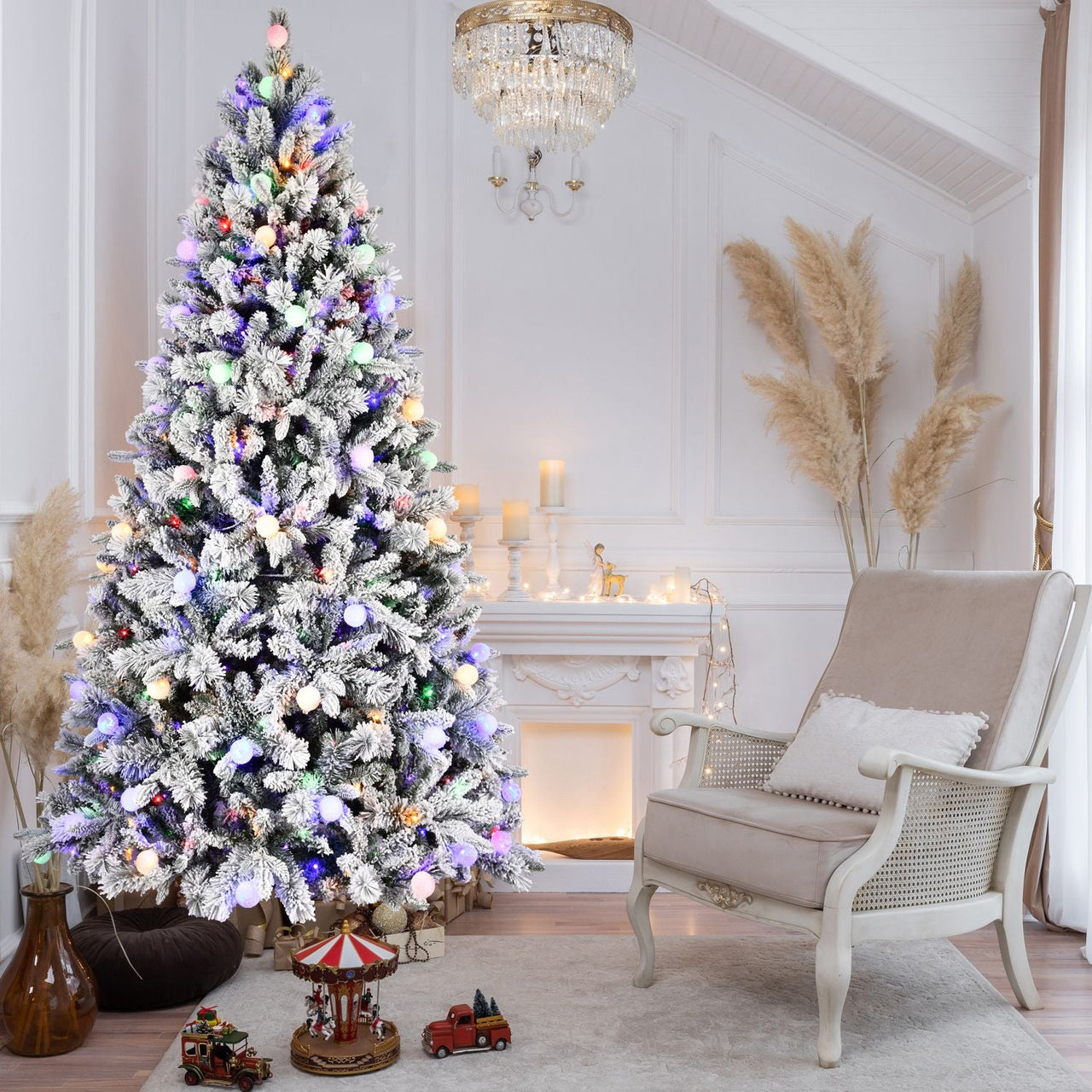 7.5FT Prelit Artificial Flocked Christmas Tree with 400 Multi-Color LED Lights, Full Hinged Pine Xmas Tree with 1523 PE & PVC Mixed Branch Tips, Metal Stand and Hinged Branches, 10 Colors