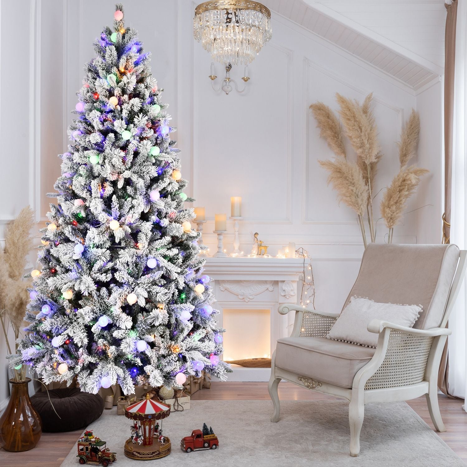 7.5FT Prelit Artificial Flocked Christmas Tree with 400 Multi-Color LED Lights, Full Hinged Pine Xmas Tree with 1523 PE & PVC Mixed Branch Tips, Metal Stand and Hinged Branches, 10 Colors